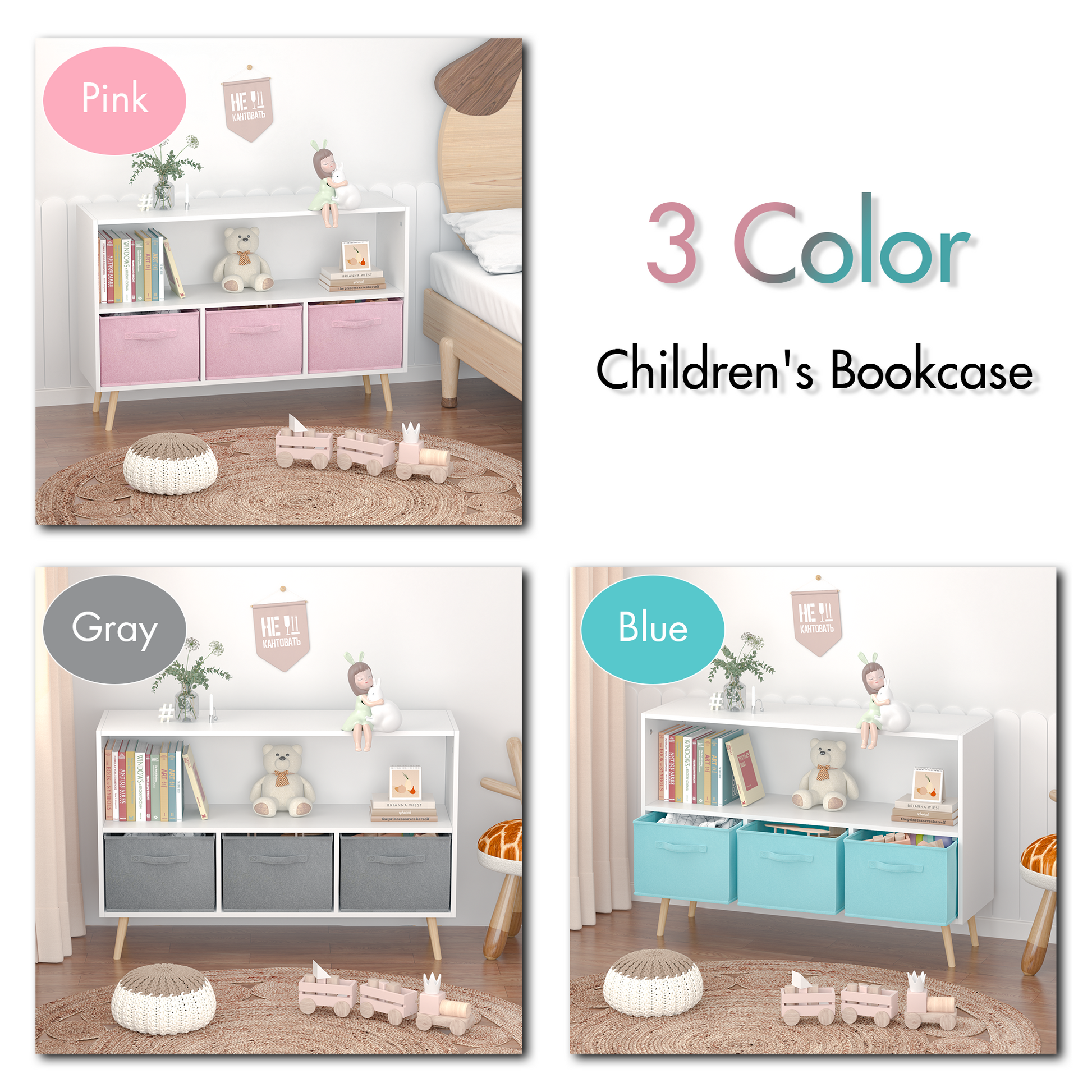 Kids bookcase with Collapsible Fabric Drawers Children's Book Display Toy Storage Cabinet Organizer White/Blue - Korvel
