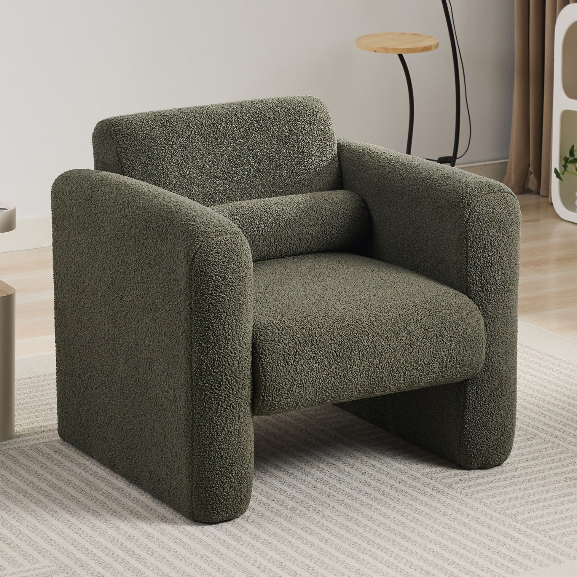 Modern style chair with sheepskin Sherpa fabric soft cushion, comfortable armchair, soft with backrest and pillow, seaweed green - Korvel