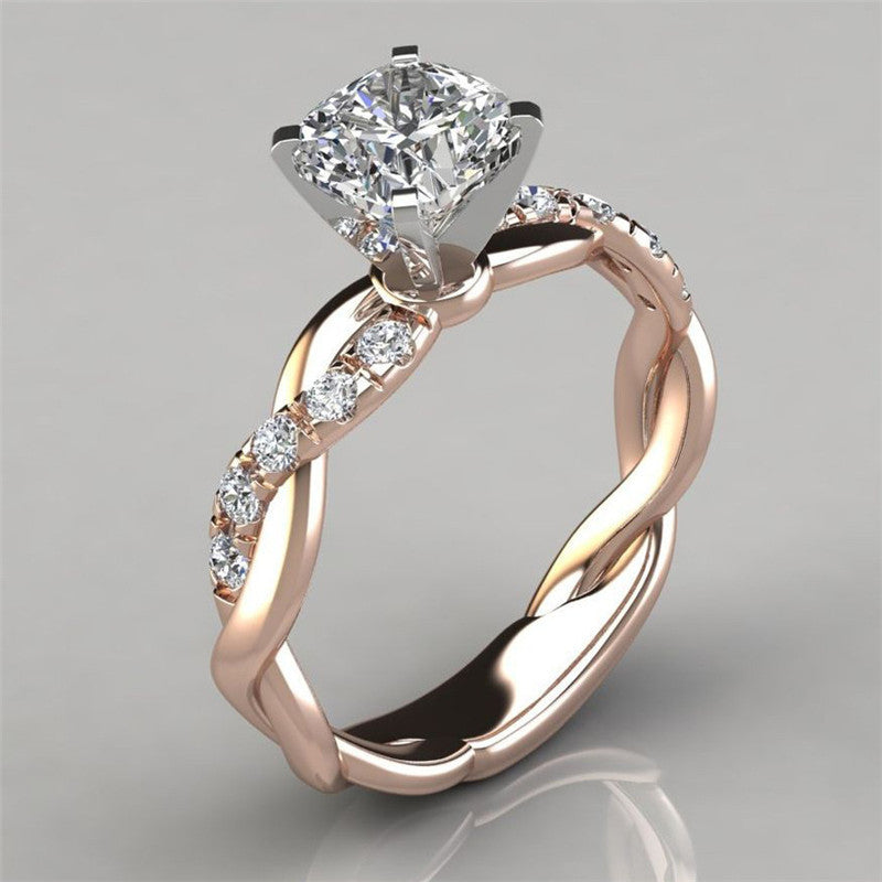 European and American jewelry 18k rose gold plated two-tone princess square diamond ring cross twist diamond ring - Korvel