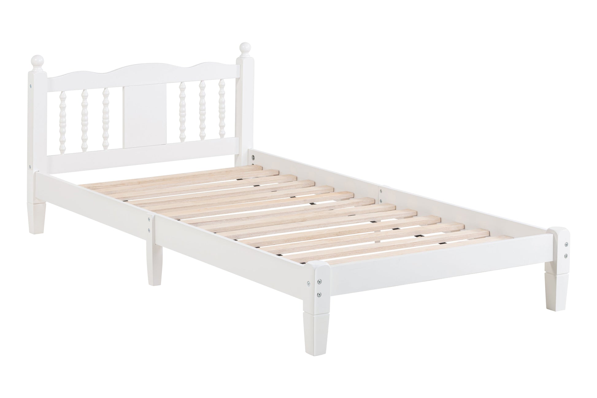 Twin Bed with Column-Decoration Headboard, with Bed Slats,White - Korvel