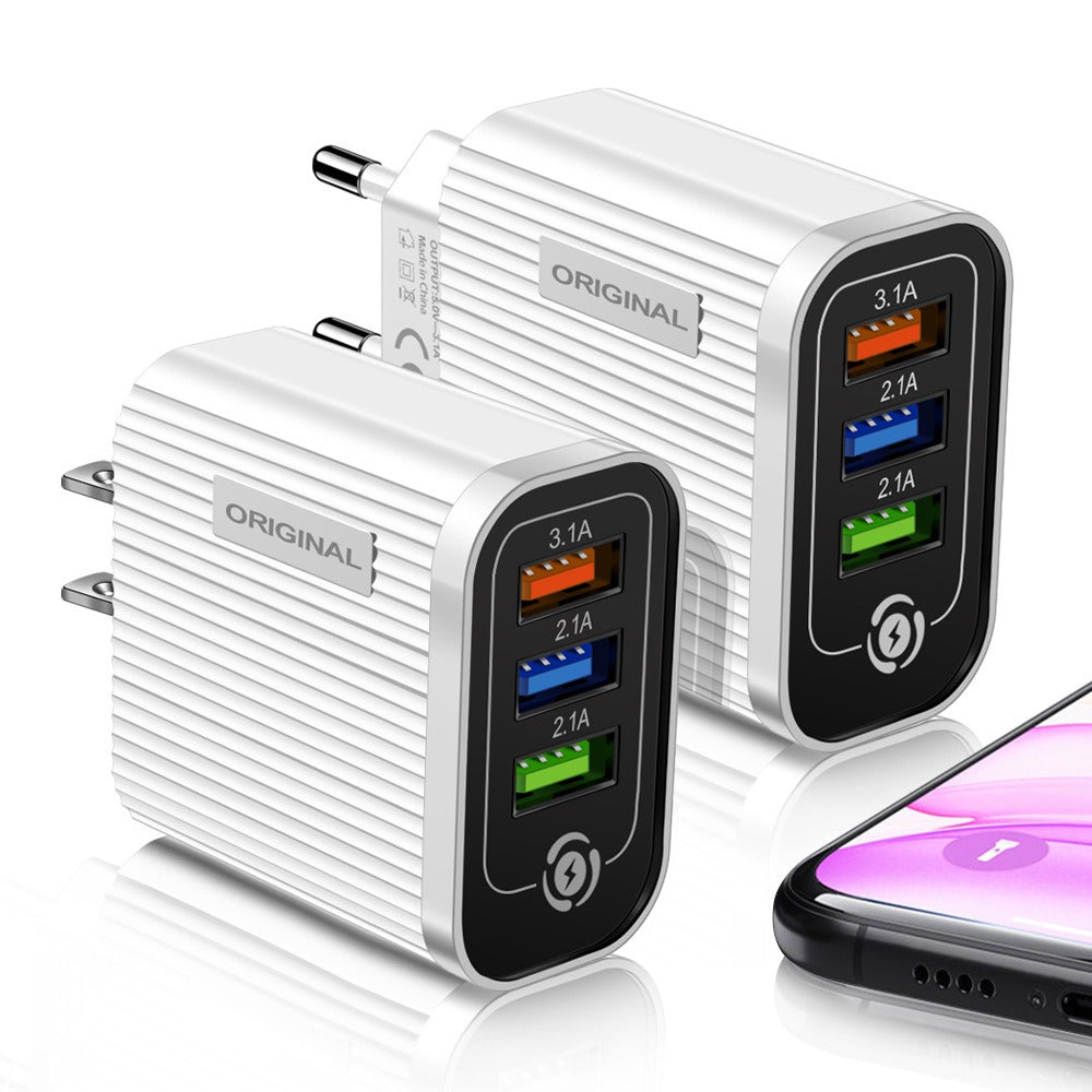 3USB-2.1A Multi Port Mobile Phone Charger Smart Travel Charging Head - Korvel