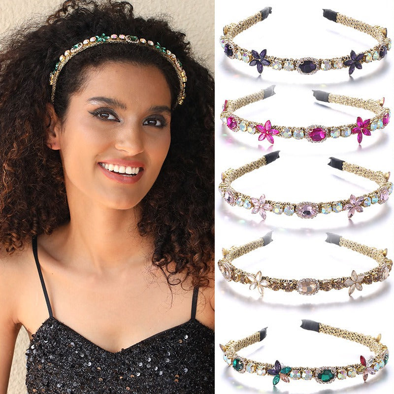 Crystal flower set with colorful glass diamond fine edge hair hoop - Korvel