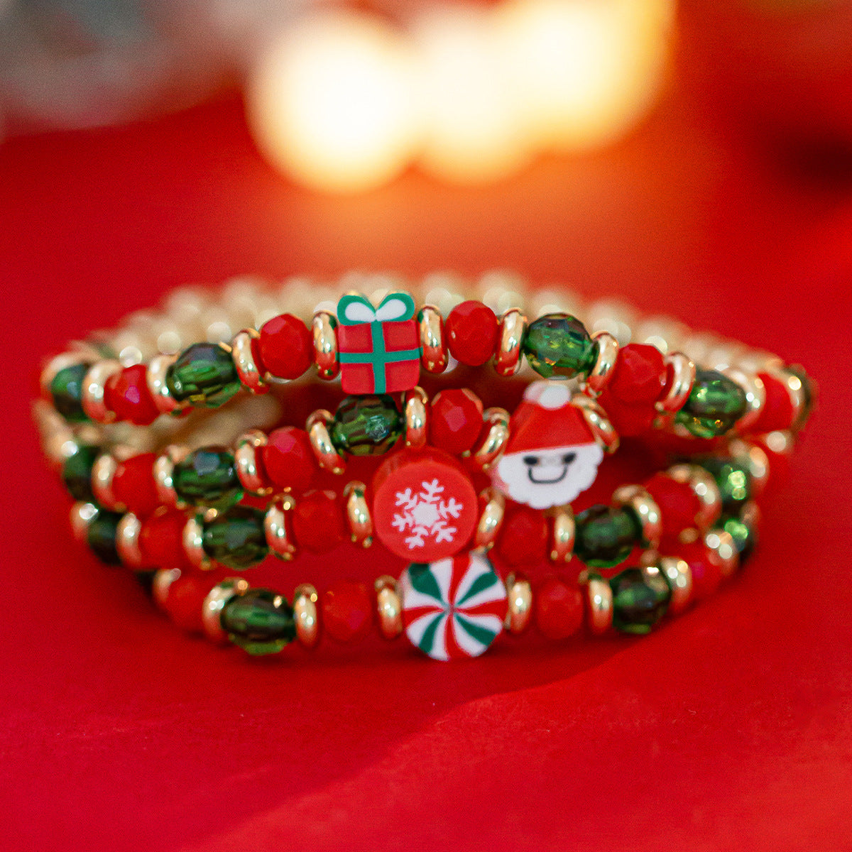 Conjunto de Pulseras de Cerámica Suave con Perlas de Caramelo Navideño