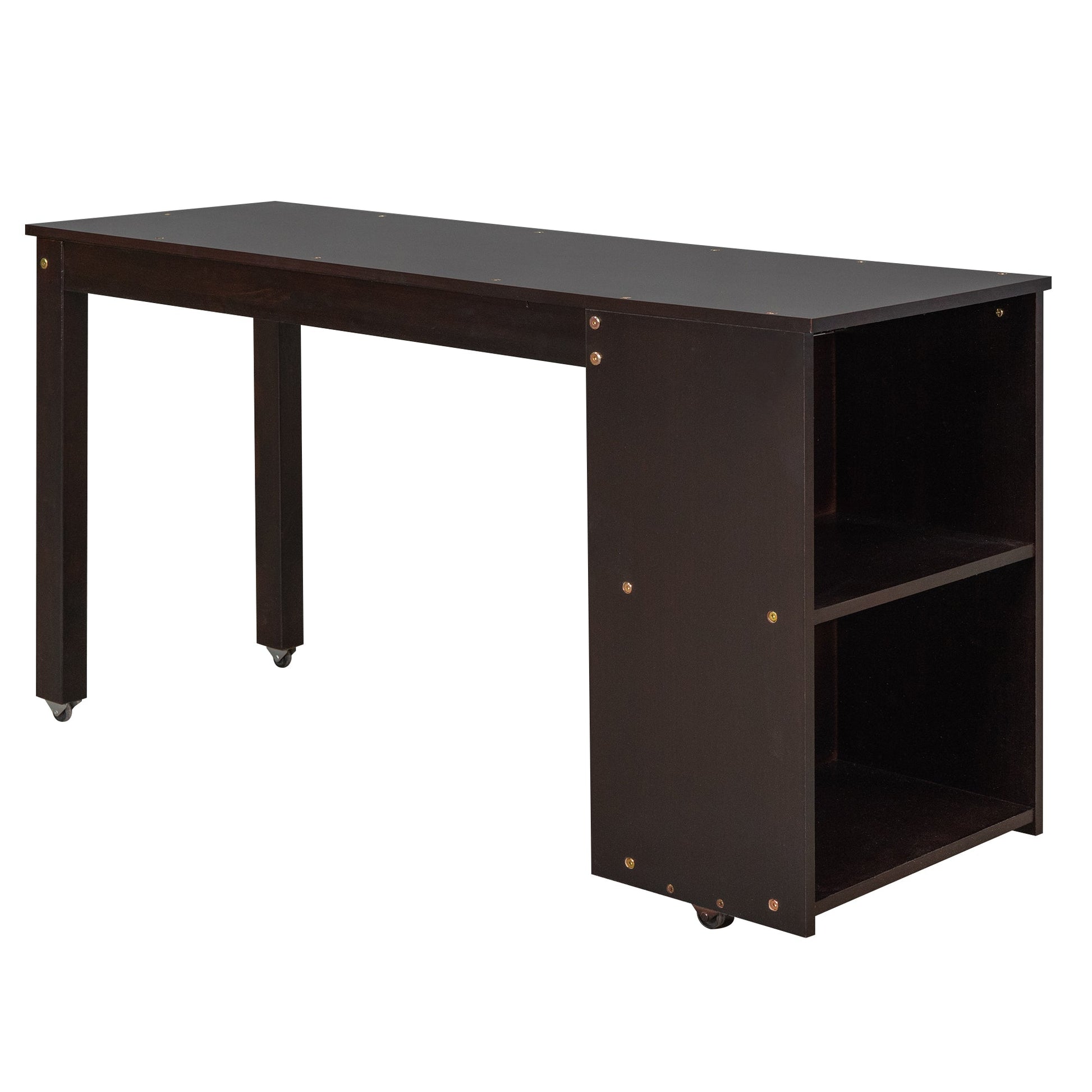 Low Study Full Loft Bed with Cabinet Shelves and Rolling Portable Desk Multiple Functions Bed- Espresso - Korvel