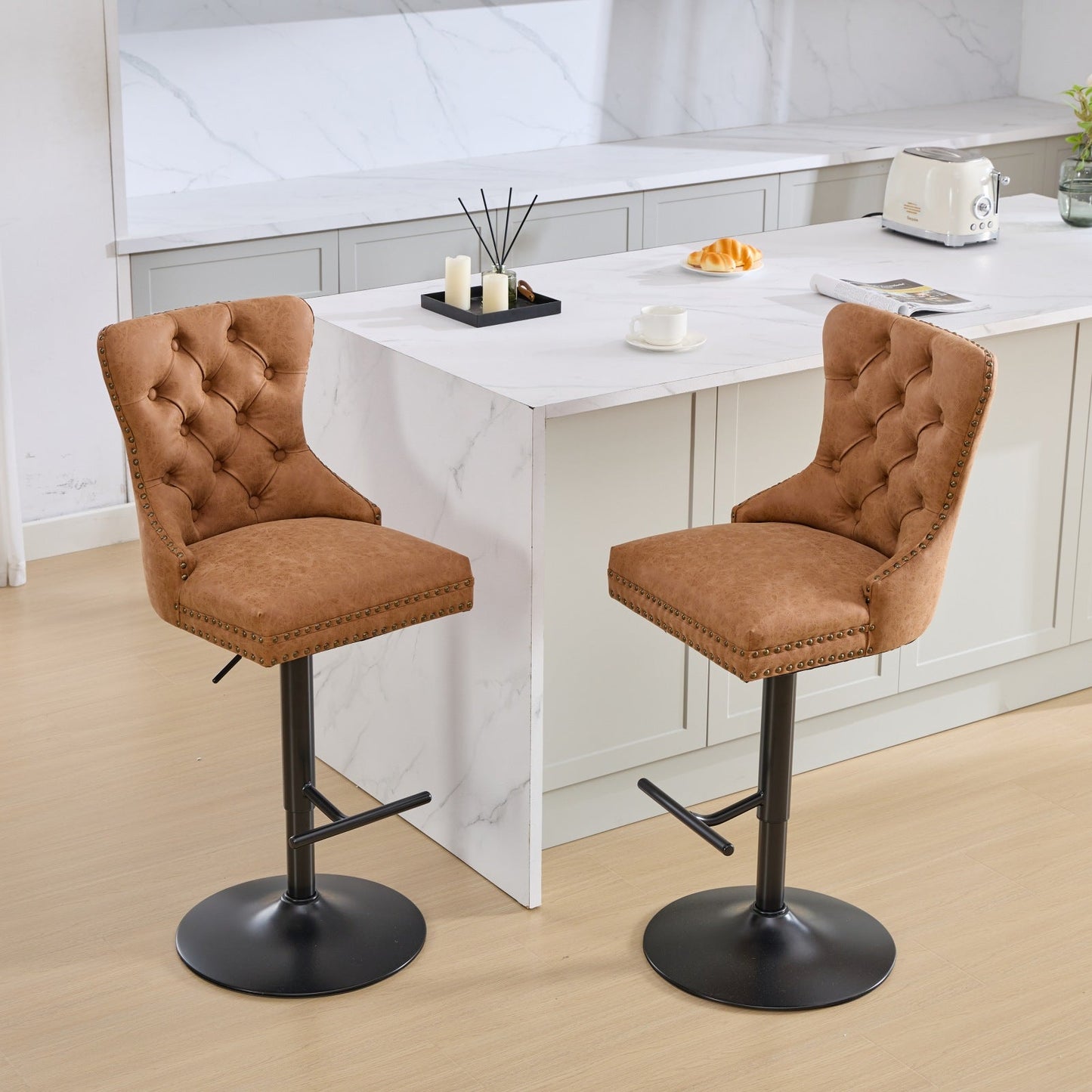 Vintage PU rotating bar stool, seat height adjustable from 25-33 inches, modern bar stool (orange, 2-piece set) - Korvel