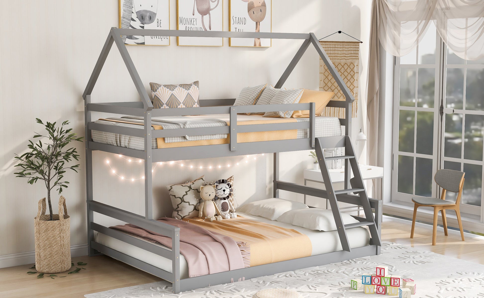 Twin over Full House Bunk Bed with Built-in Ladder Gray - Korvel