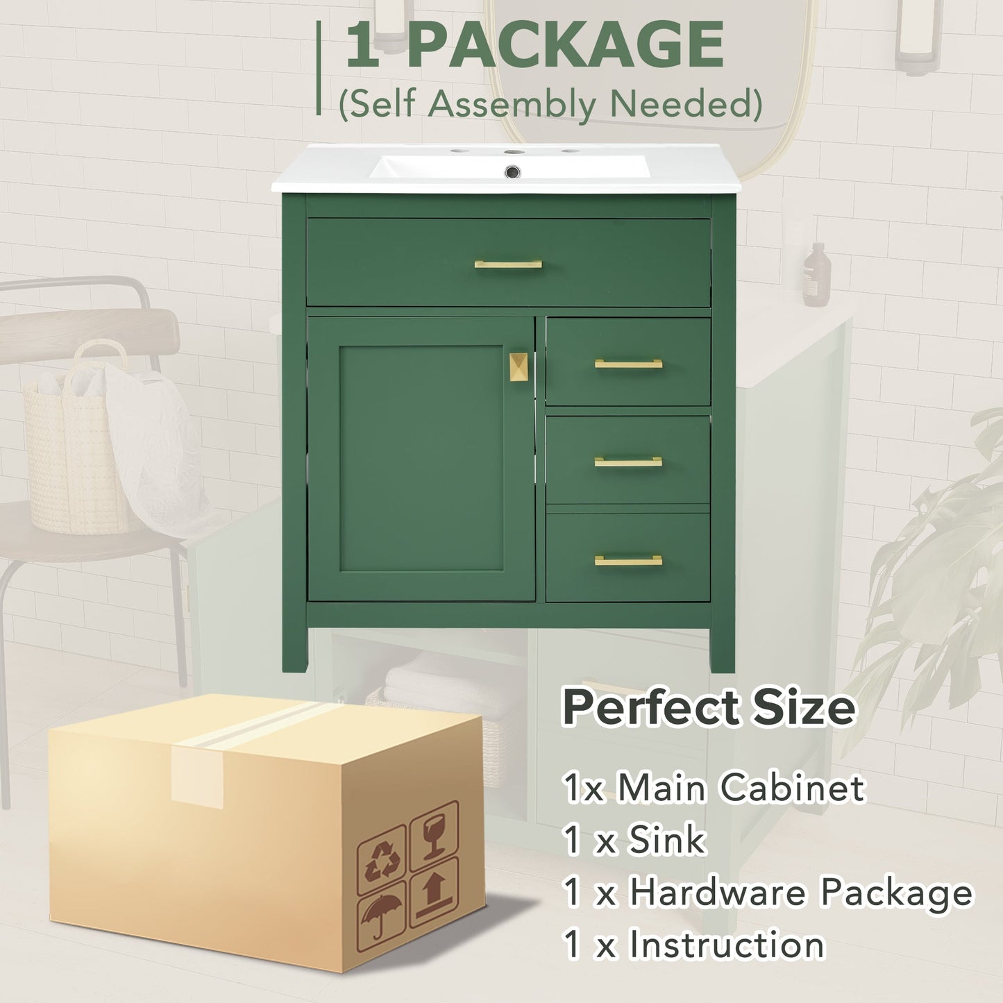 30-Inch Green Bathroom Vanity with Ceramic Sink