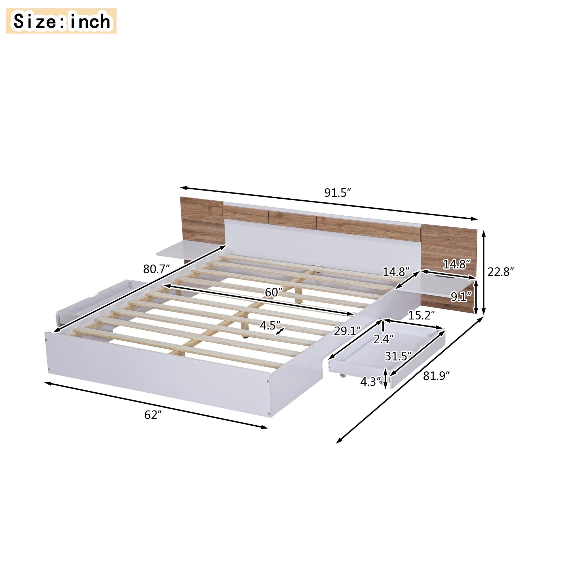 Queen Size Platform Bed with Headboard, Drawers, Shelves, USB Ports and Sockets  White - Korvel
