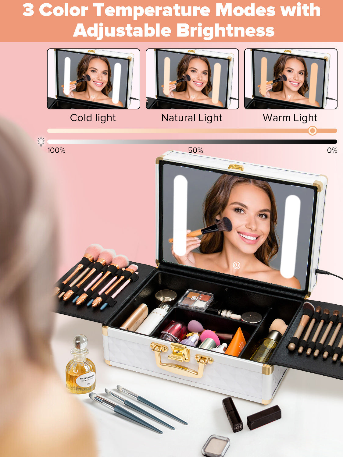 Portable makeup case, travel makeup bag with LED mirror, locked makeup storage box, brush holder, divider, rechargeable, white - Korvel