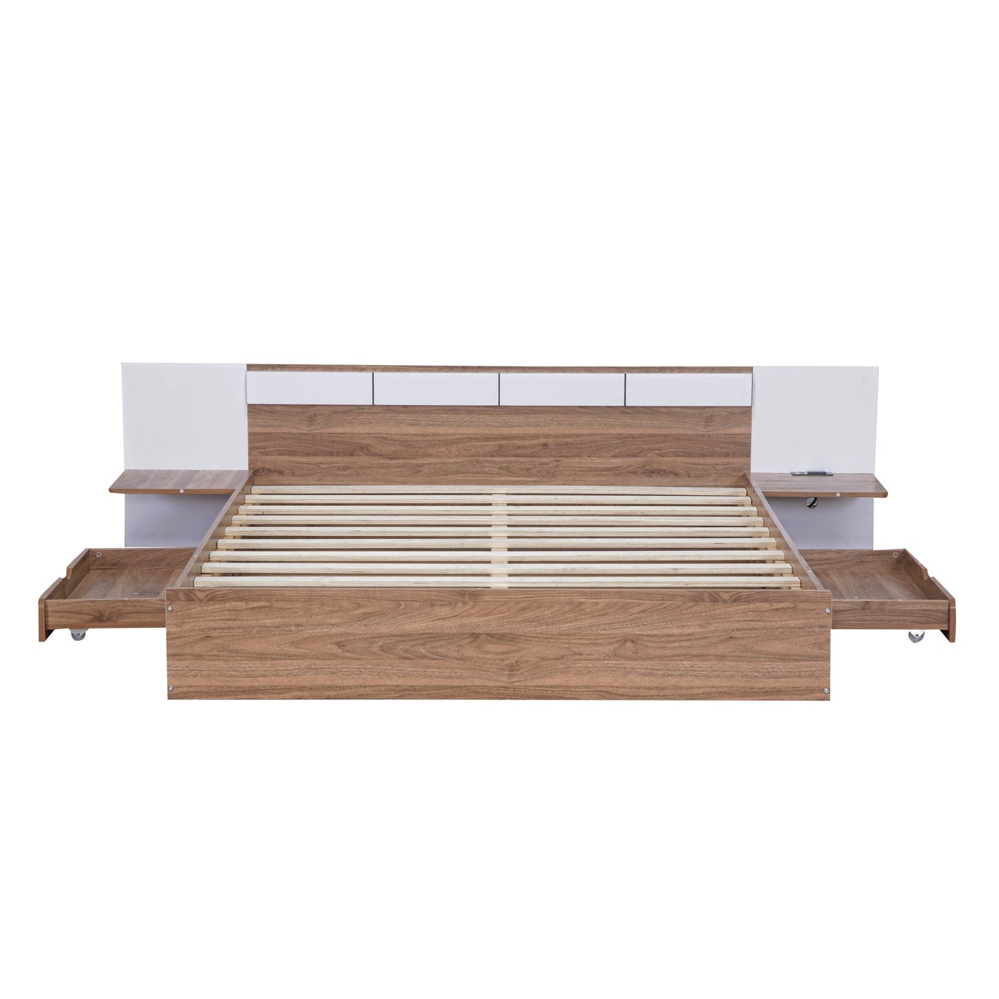 Queen Size Platform Bed with Headboard and Storage, Natural