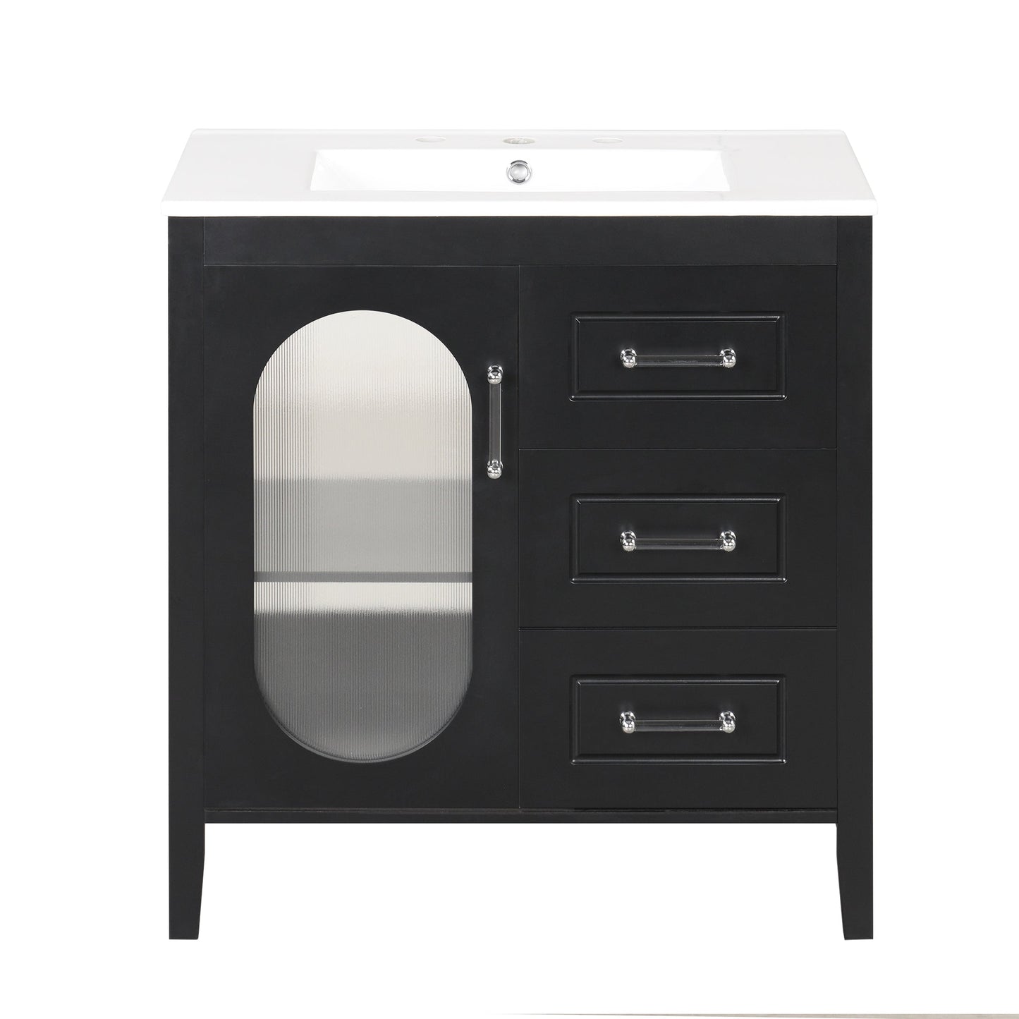 30" Bathroom Vanity with Sink, Bathroom Vanity Cabinet with Two Drawers and Door, Adjustable Shelf, Solid Wood and MDF, Black - Korvel