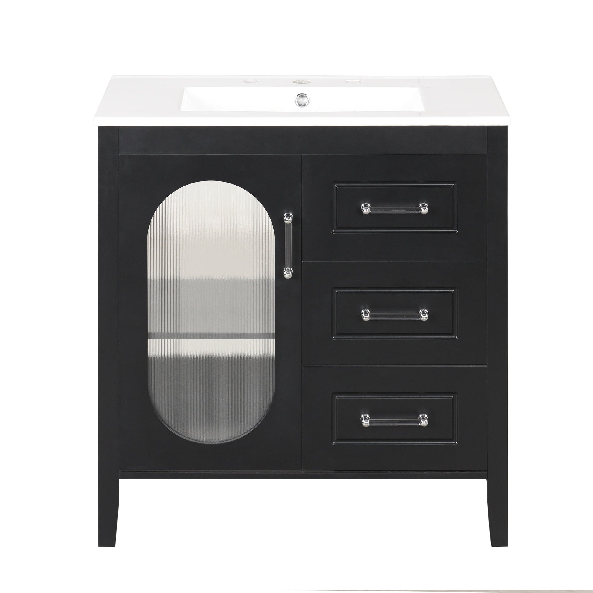 30" Bathroom Vanity with Sink, Bathroom Vanity Cabinet with Two Drawers and Door, Adjustable Shelf, Solid Wood and MDF, Black - Korvel