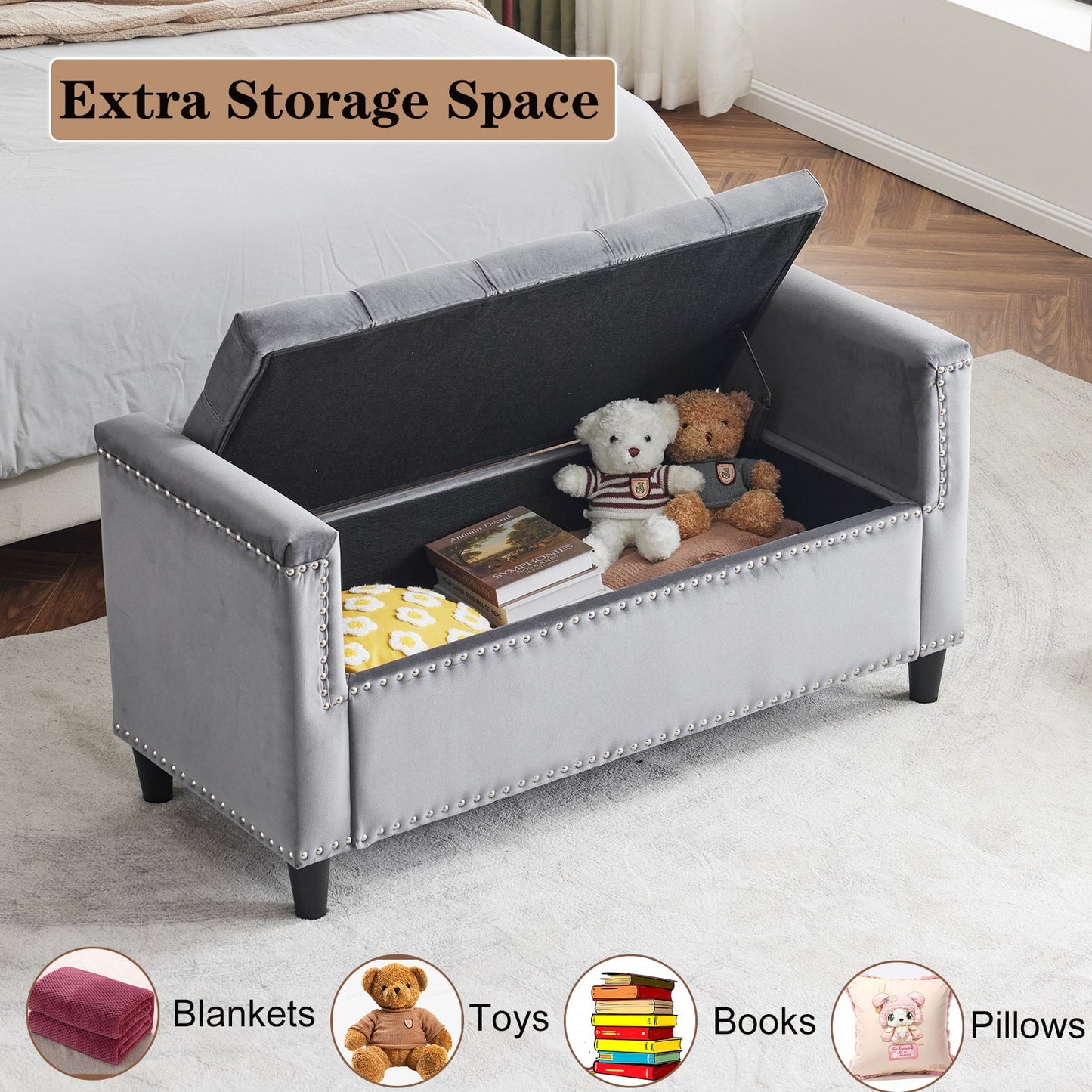 Storage Bench, 44.5-Inch Queen Velvet Button Bedside Bench, Entryway Living Room with Armrests, Nailhead Trim Gray - Korvel