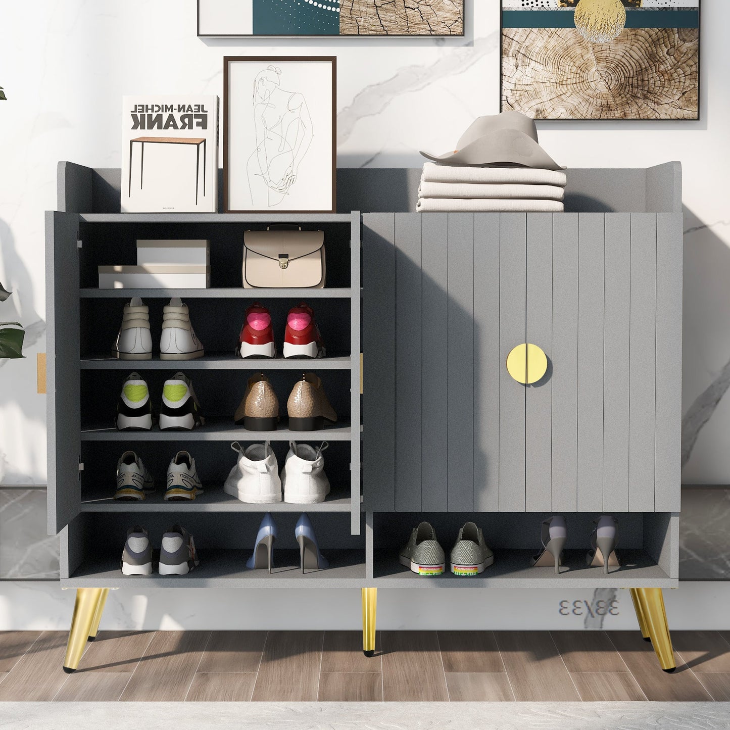 U-Can shoe cabinet with door, 11 layer shoe cabinet with adjustable shelves, modern wooden shoe cabinet (matte surface) - Korvel