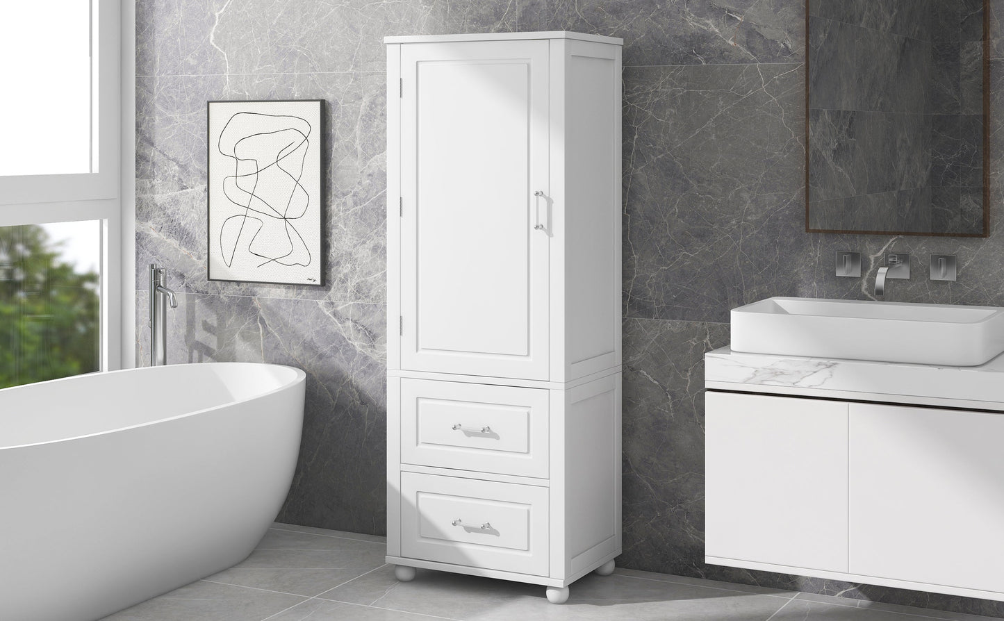 Tall bathroom storage cabinet with two drawers and adjustable shelves for independent storage - Korvel