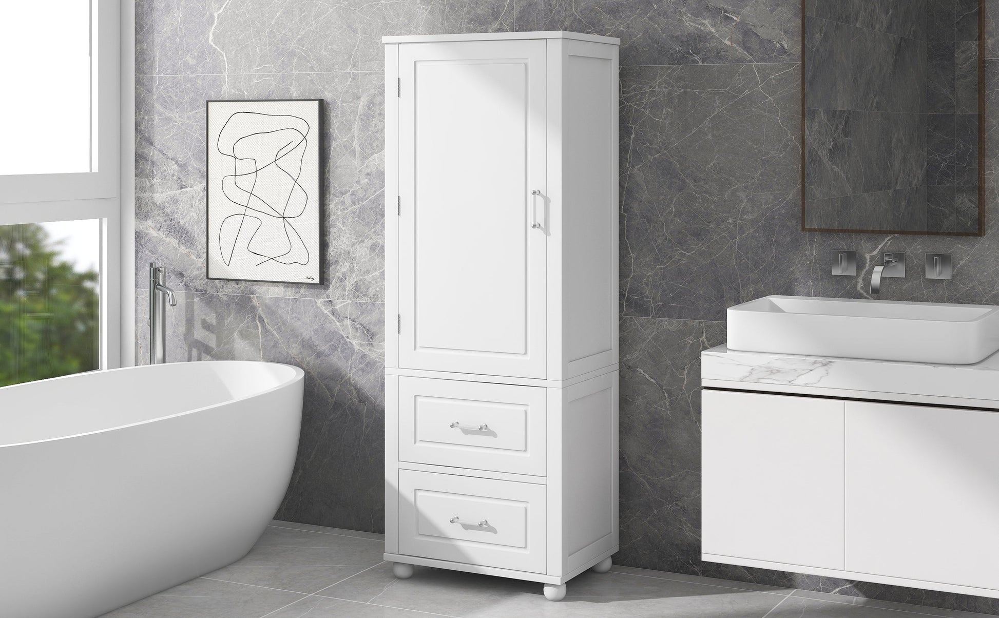 Tall bathroom storage cabinet with two drawers and adjustable shelves for independent storage - Korvel