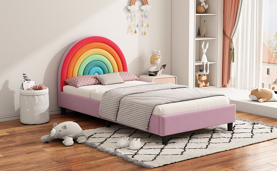 Rainbow Design Upholstered Twin Platform Bed Cute Style Princess Bed for Boys & Girls, Teens, Colorful & Pink - Korvel