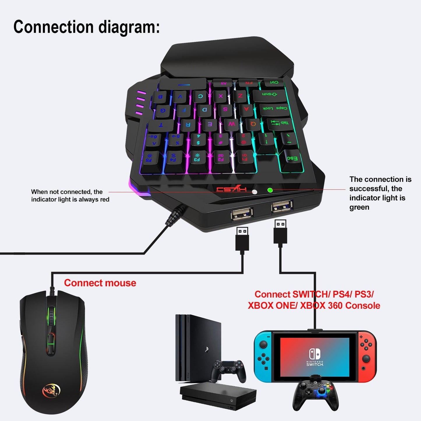 V500 gaming one handed keyboard RGB illuminated keyboard built-in converter supports PS3 and PS4 gaming consoles - Korvel
