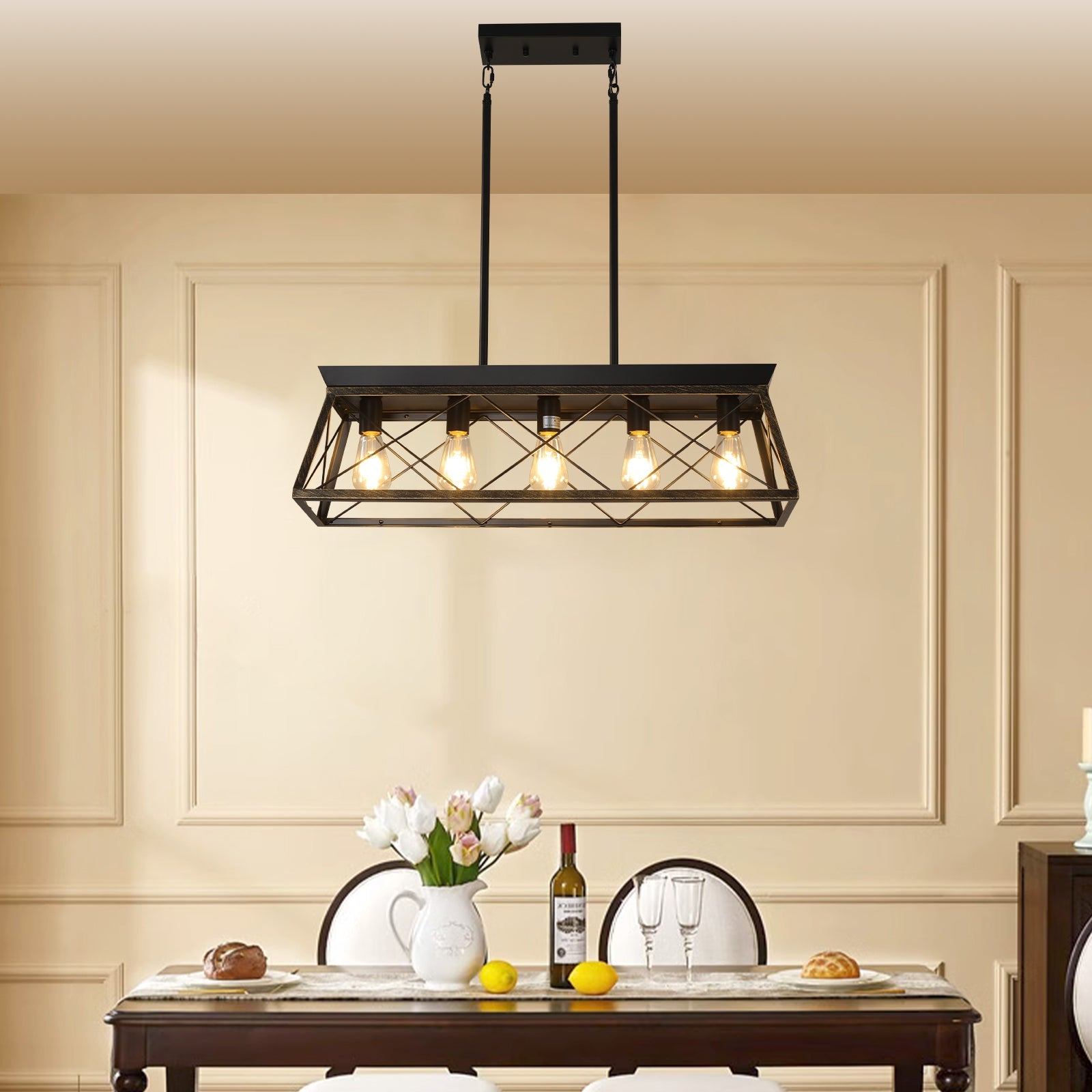 5-Light Farmhouse Chandeliers for Dining Room Metal Rustic Pendant Island Light  Modern Rectangular Island Lights (No Bulbs) - Korvel