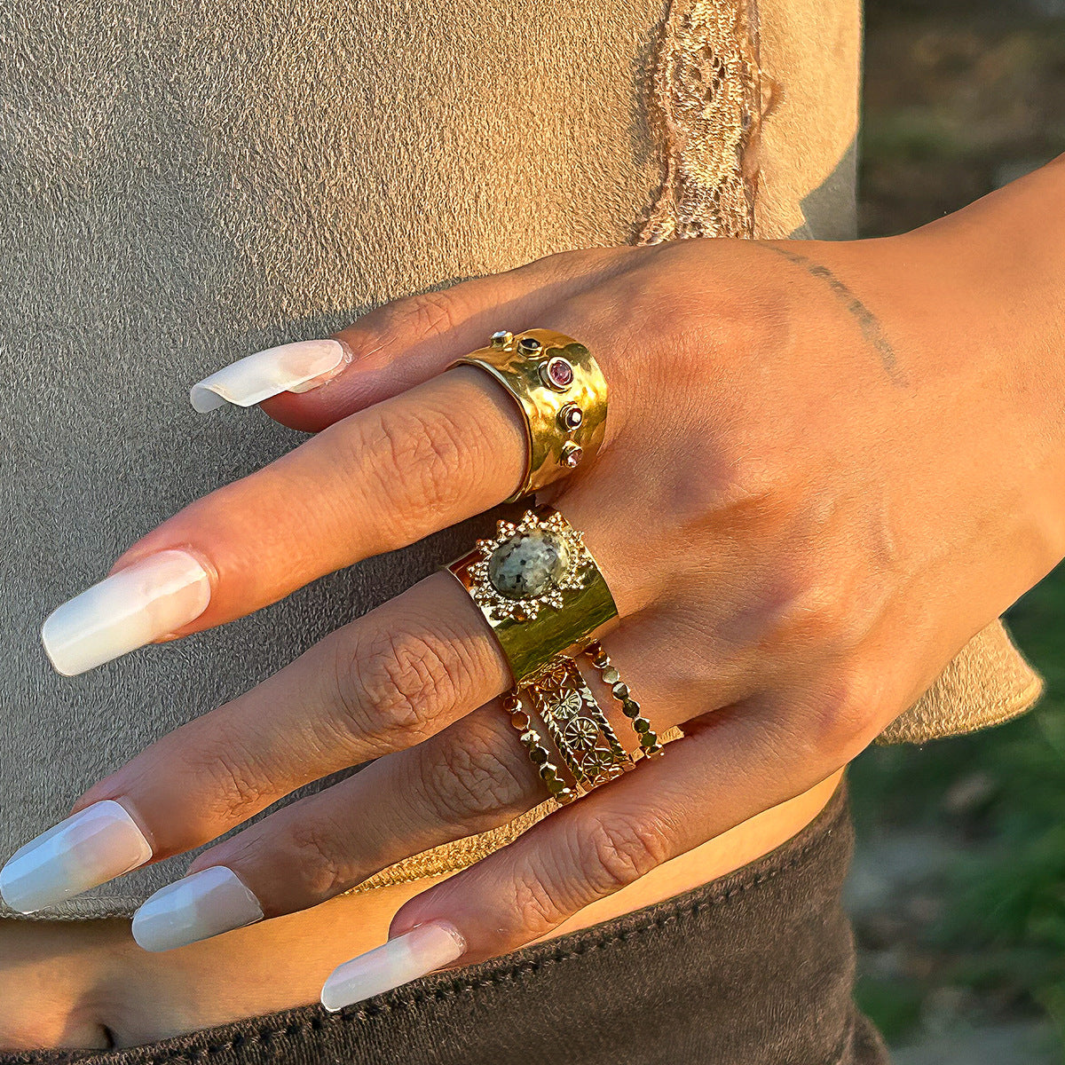 Fashionable Joint Ring Set Hip Hop Metallic Fold Set with Gemstone Rings - Korvel