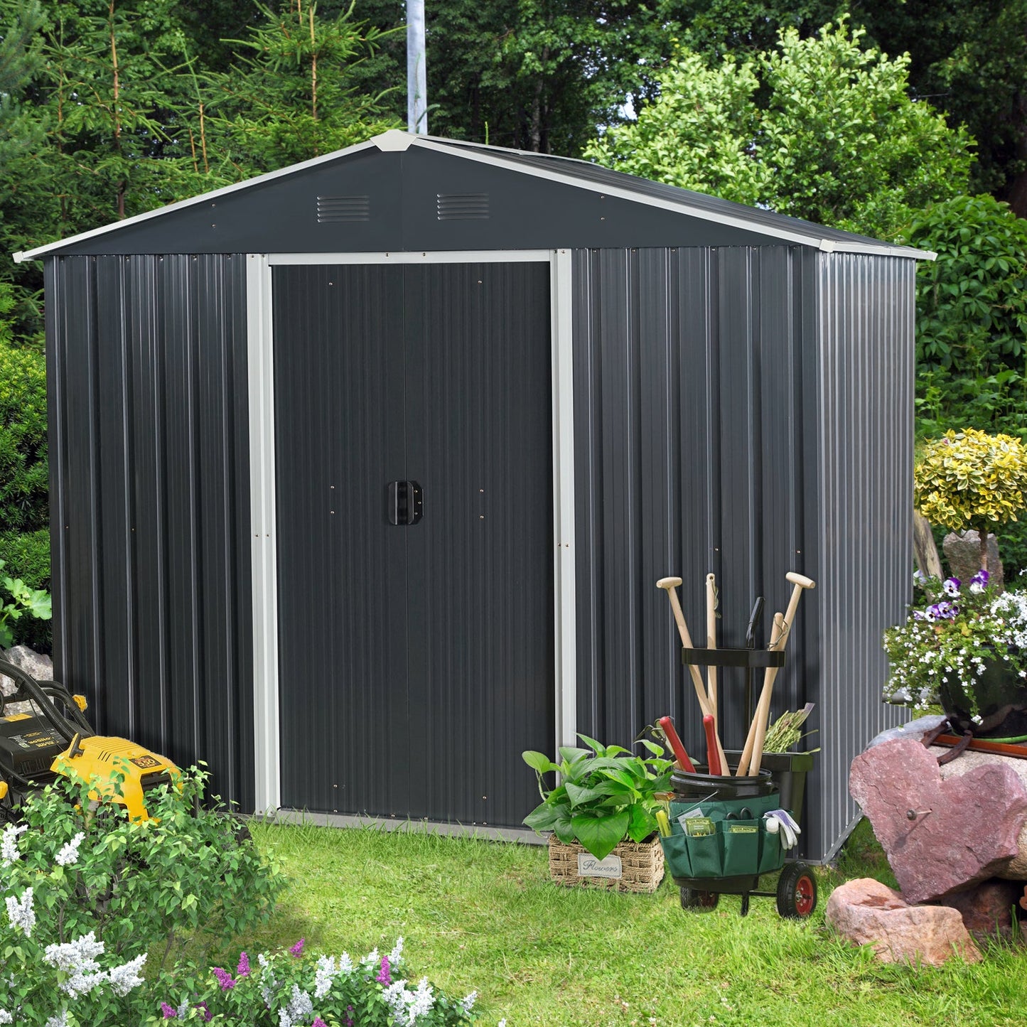 8ft x 6ft Outdoor Metal Storage Shed with Floor Base Black - Korvel