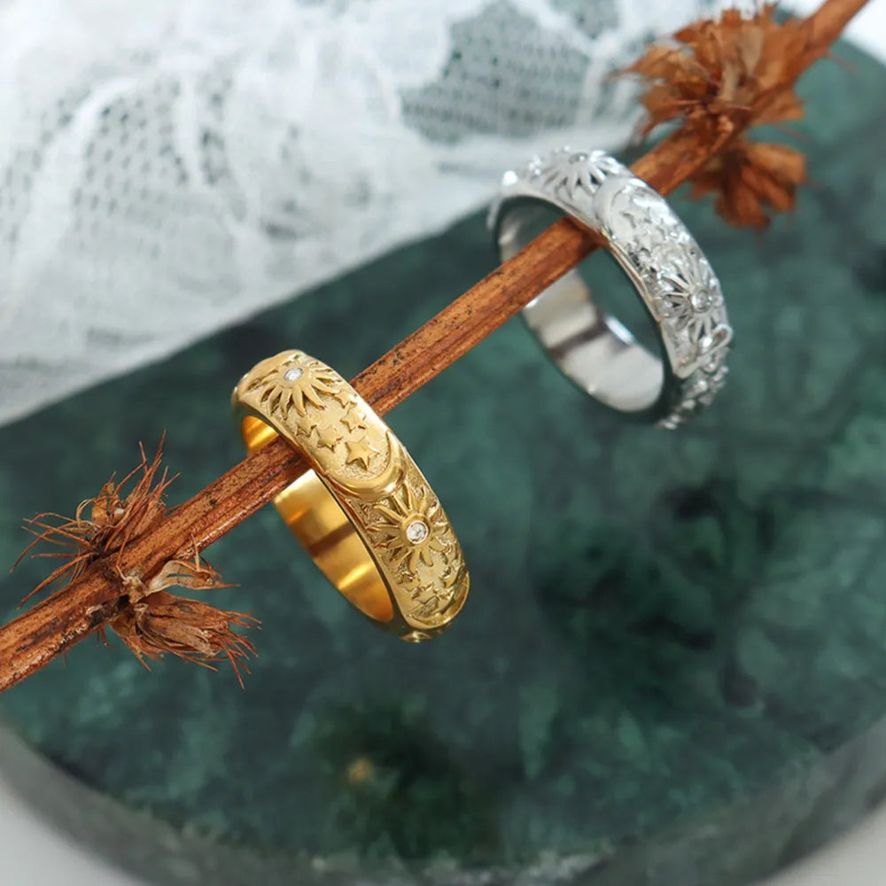 Star Moon Shaped Sparkling Zircon Design Ring Titanium Steel Handmade Jewelry for Girls - Korvel