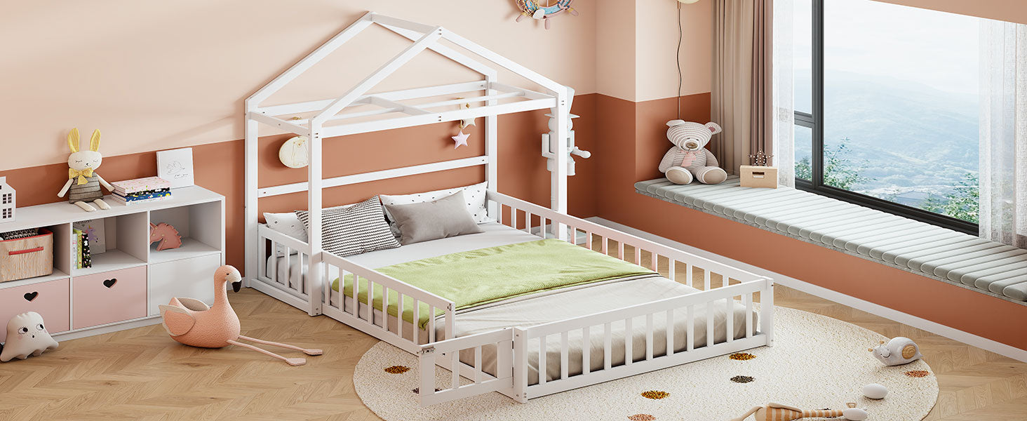 Wooden Full Size Children's Bed with Detachable Headboard and Integrated Clothes Drying Rack, White - Korvel