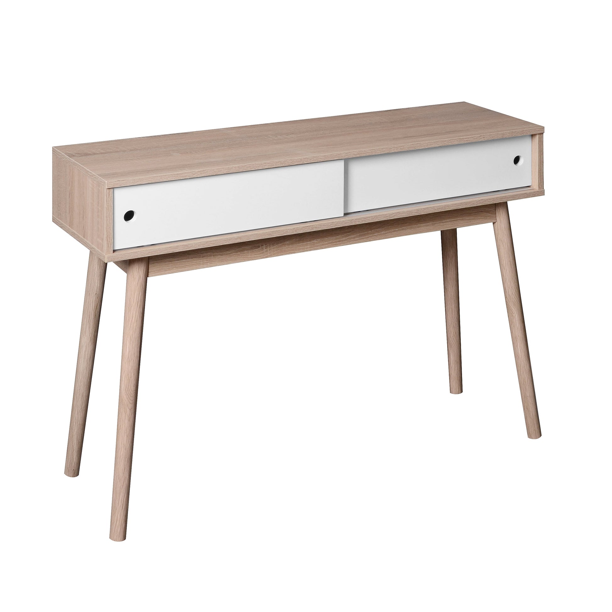 Kitchen Mid-Century Table Writing Desk with 2 Push-pull White Panel Drawers and Wood Legs, Natural Color - Korvel