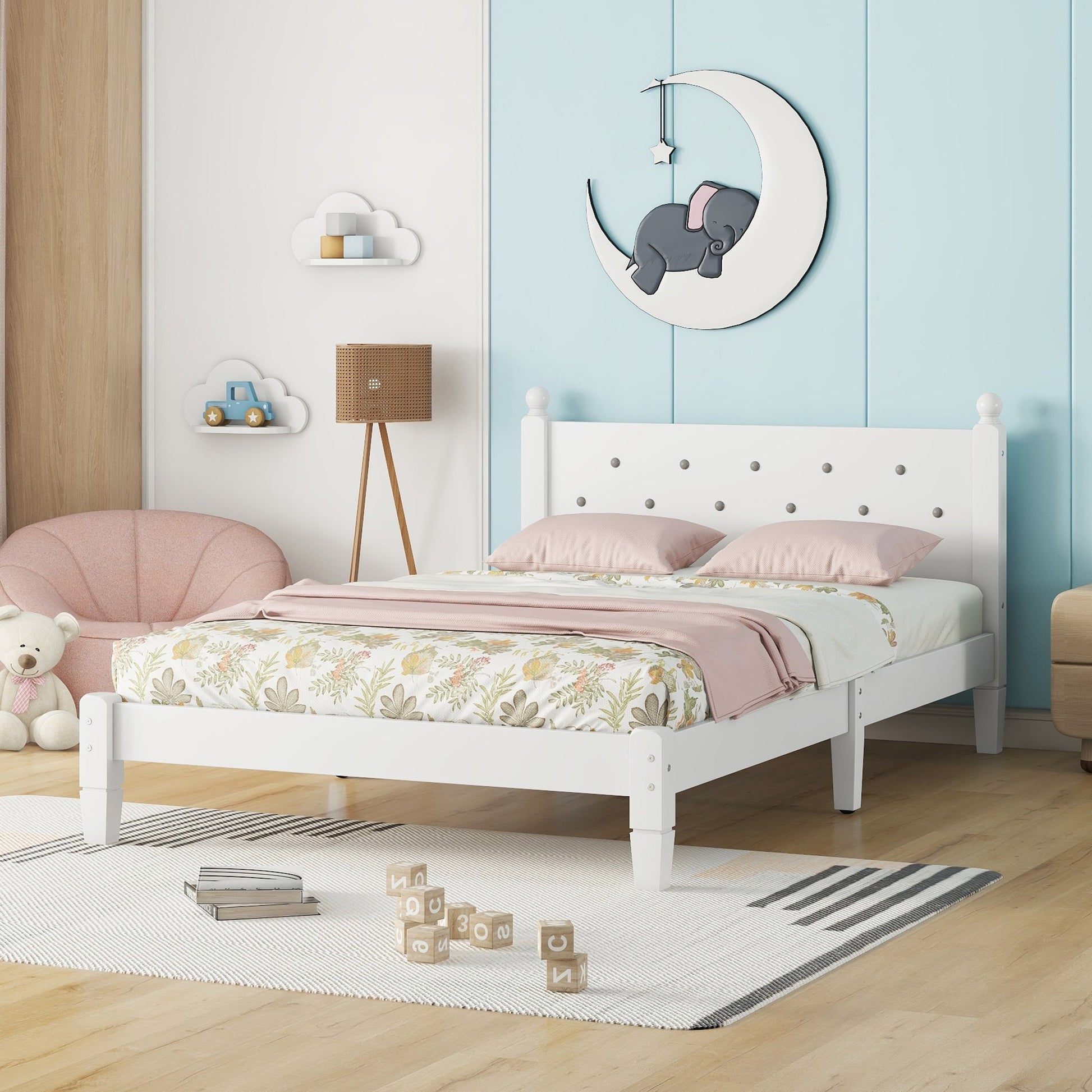 Twin Bed with Button-Decoration Headboard, with Bed Slats,White - Korvel