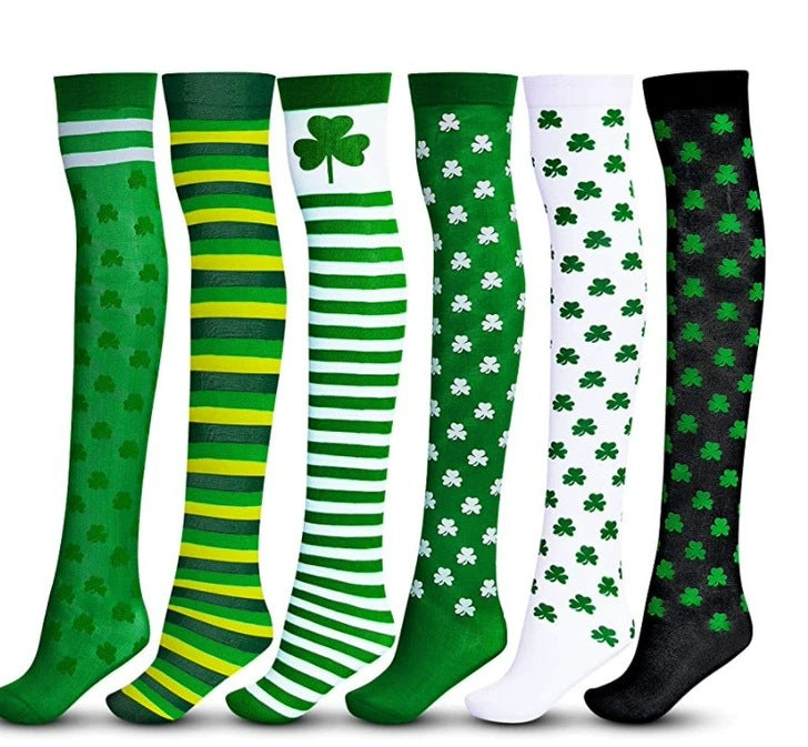 Irish Festival Green Trefoil Stockings Over the Knee Socks St Patrick's Day Party Striped Socks - Korvel
