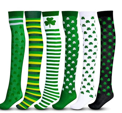 Irish Festival Green Trefoil Stockings Over the Knee Socks St Patrick's Day Party Striped Socks - Korvel