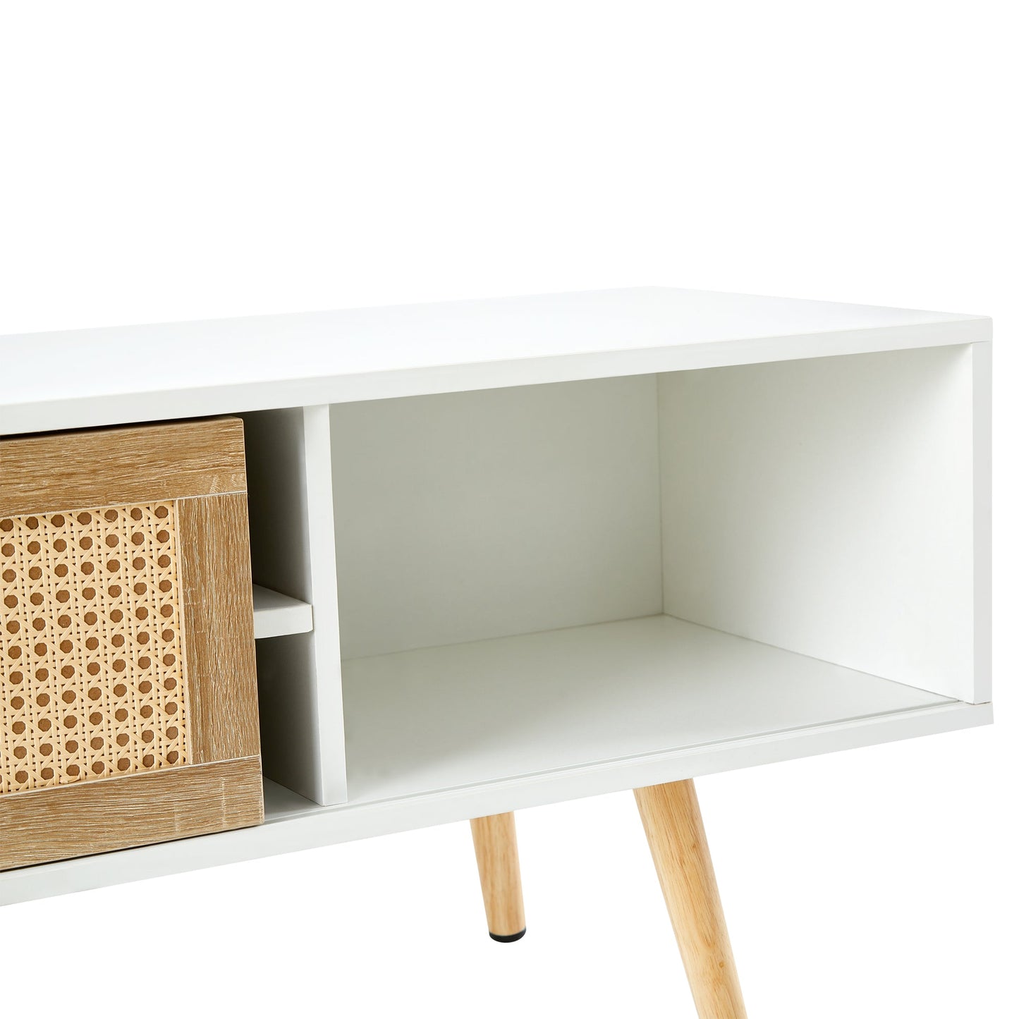 55.12" Rattan TV cabinet double sliding doors for storage adjustable shelf solid wood legs TV console for living room  White - Korvel