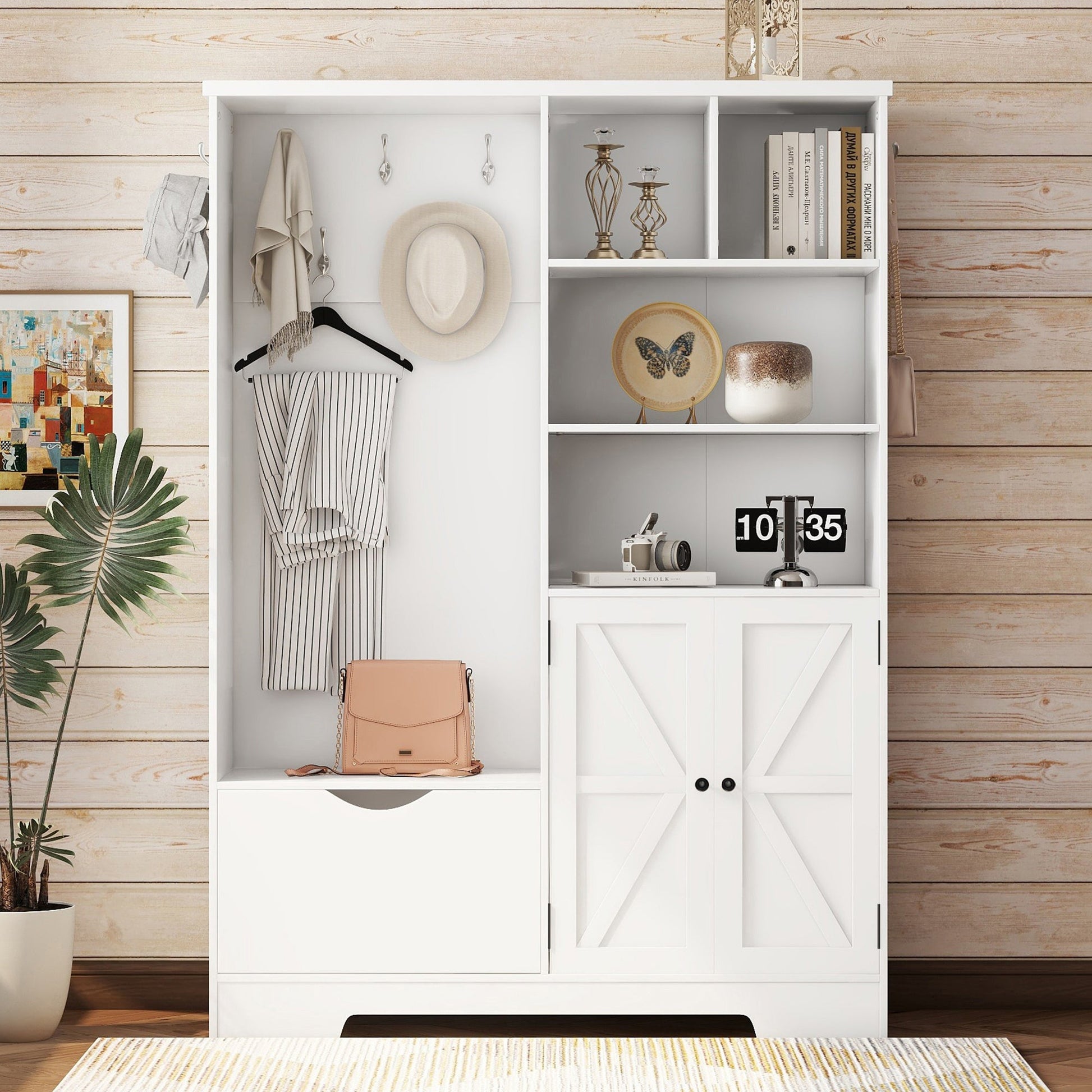 Multi-functional Hall Tree with Storage Shelves Drawers Cabinet Elegant Hallway Shoe Cabinet with Bench Modern Coat Rack White - Korvel