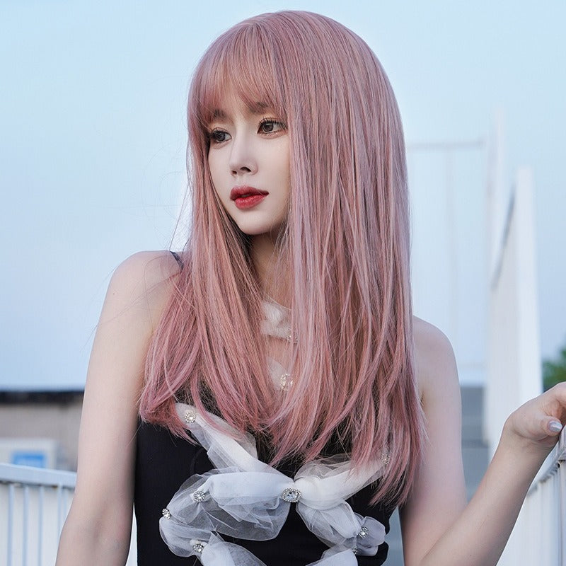 Peluca larga rosa premium con flequillo para looks elegantes