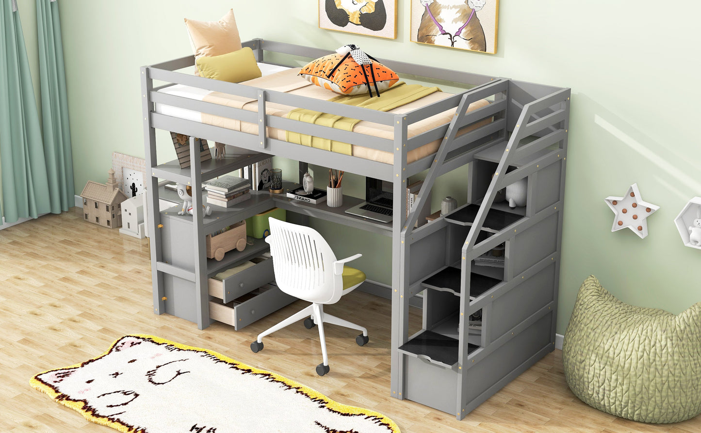 Twin Size Loft Bed with Desk and Shelves Two Built-in Drawers, Storage Staircase Gray - Korvel