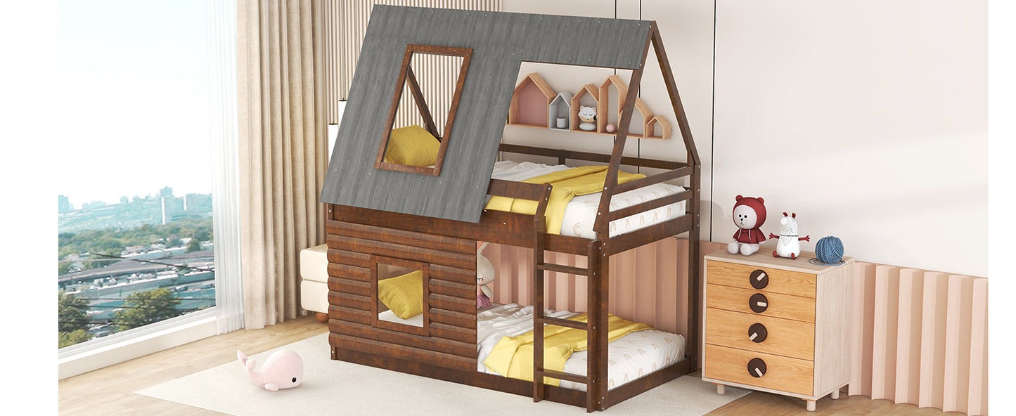 Wood Twin Size House Bunk Bed with Roof, Ladder and 2 Windows, Oak & Smoky Grey - Korvel