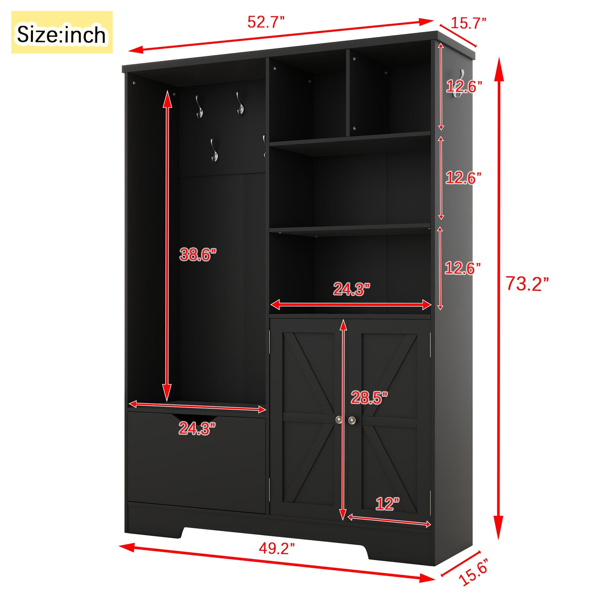 Multi-functional Hall Tree with Storage Shelves Drawers and Cabinet, Elegant Hallway Shoe Cabinet with Bench Modern Black - Korvel
