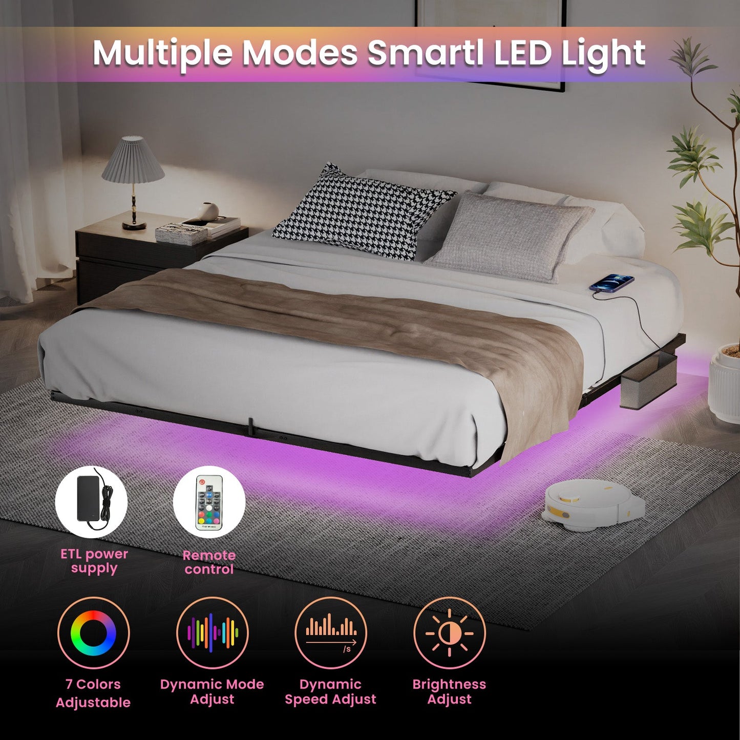 Floating Bed Frame King Size with LED Lights ＆ charging station, Metal Platform Queen Bed, 79.9'' L x 76.2'' W x 7.9'' H. - Korvel