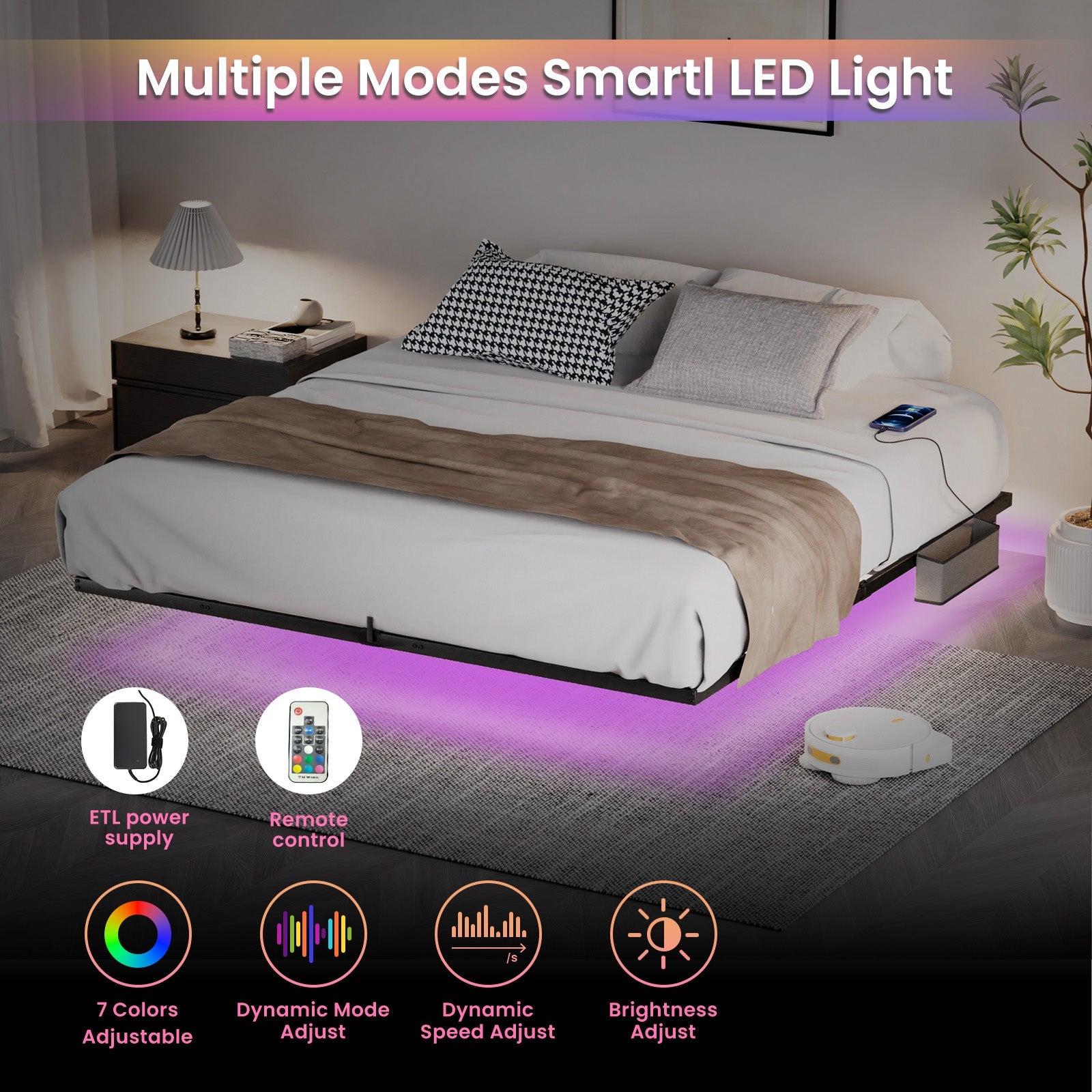 Floating Bed Frame King Size with LED Lights ＆ charging station, Metal Platform Queen Bed, 79.9'' L x 76.2'' W x 7.9'' H. - Korvel