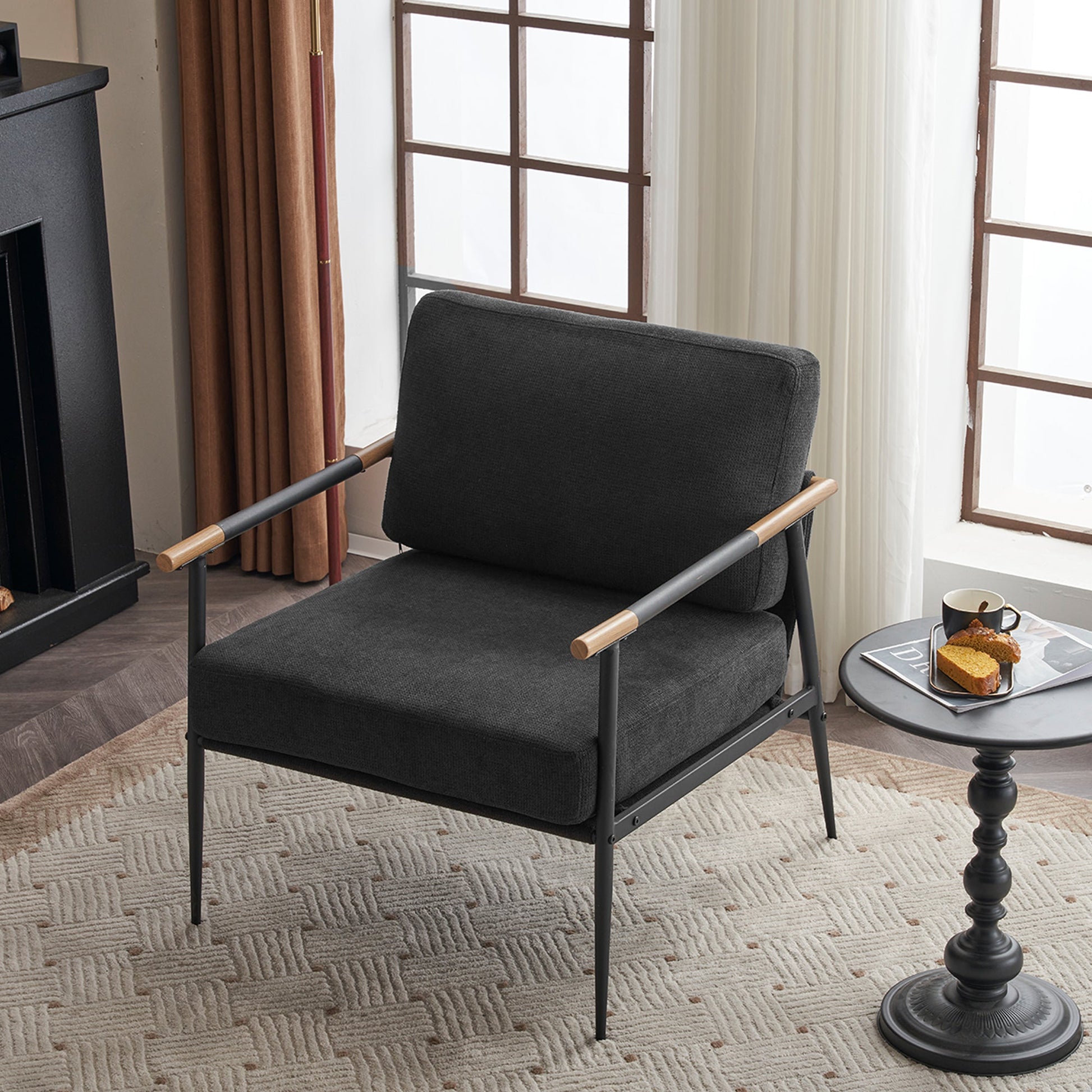 Leisure Lounge Chair Arm Chair with Metal Frame, Upholstered Side Chair Comfy Sitting Chair for Living Room, Black Chenille - Korvel