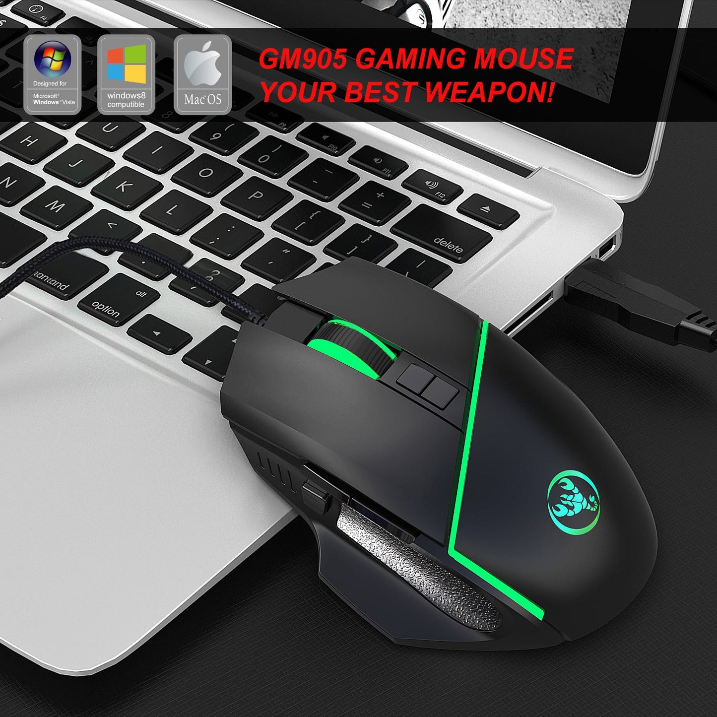 A876 wired mouse with colorful synchronized lighting, 6400dpi adjustable lighting, can turn off gaming mouse - Korvel