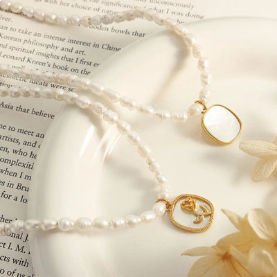 French Baroque freshwater pearl chain oval plate inlaid with zircon colored shell relief flower necklace - Korvel