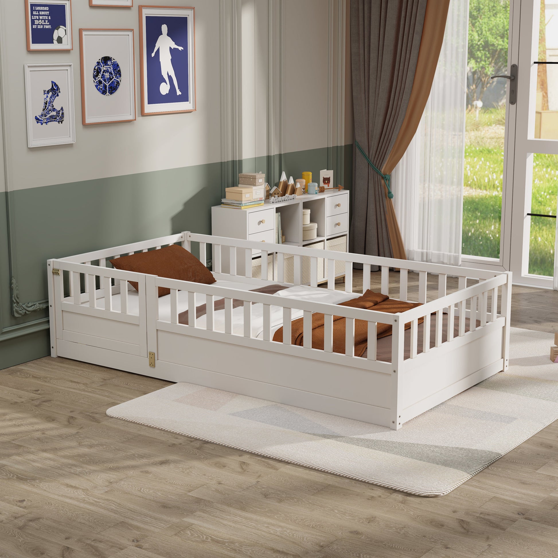 Double bed floor standing bed with ultra-high safety barrier, children's floor standing bed frame, Montessori wooden white - Korvel