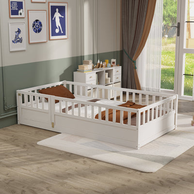 Double bed floor standing bed with ultra-high safety barrier, children's floor standing bed frame, Montessori wooden white - Korvel