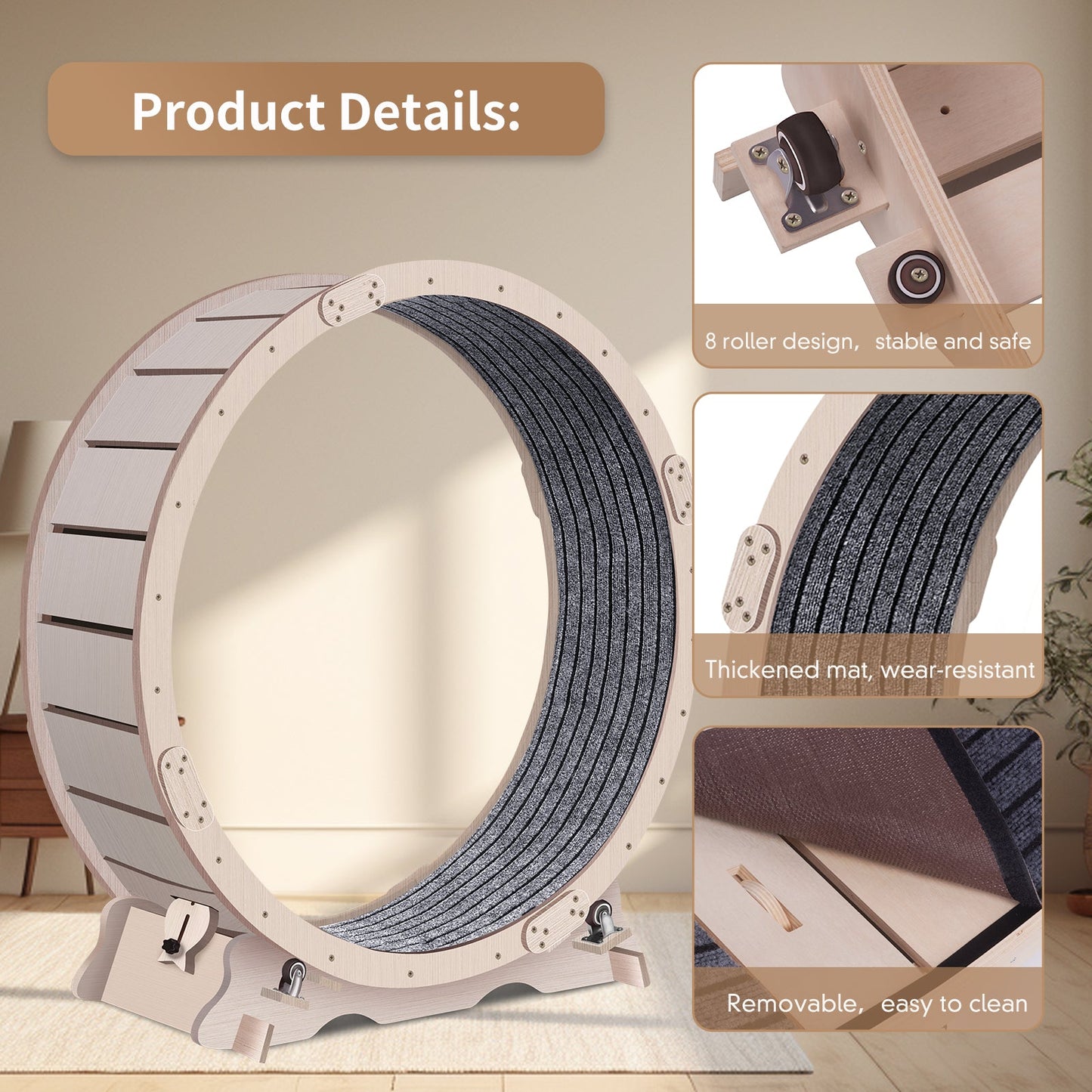 Cat Exercise Wheel for Indoor Cats - Natural Wood Finish