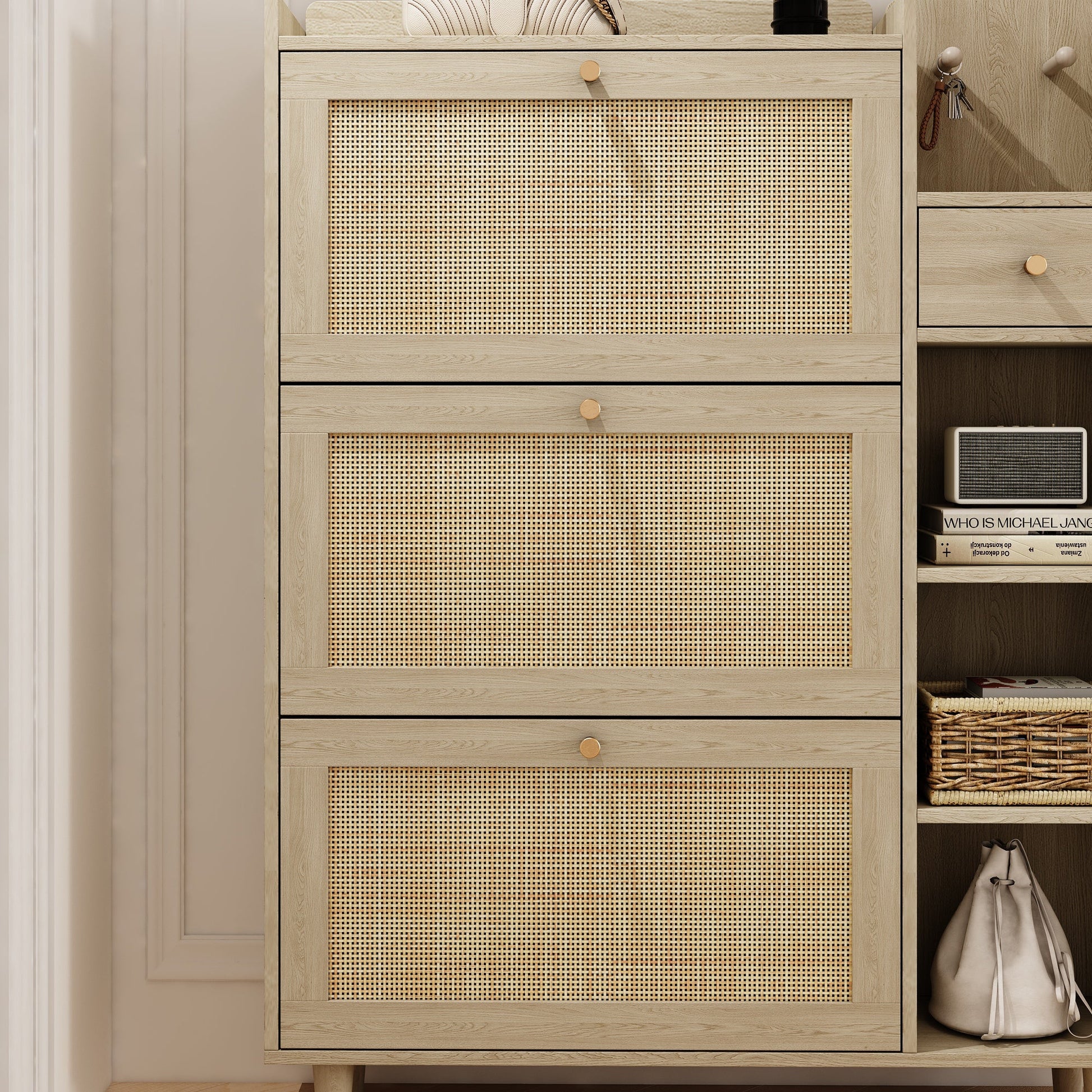 Natural Bohemian style shoe cabinet with 3 rattan flip drawers, 3 square shelves, and 1 storage drawer,  Natural - Korvel
