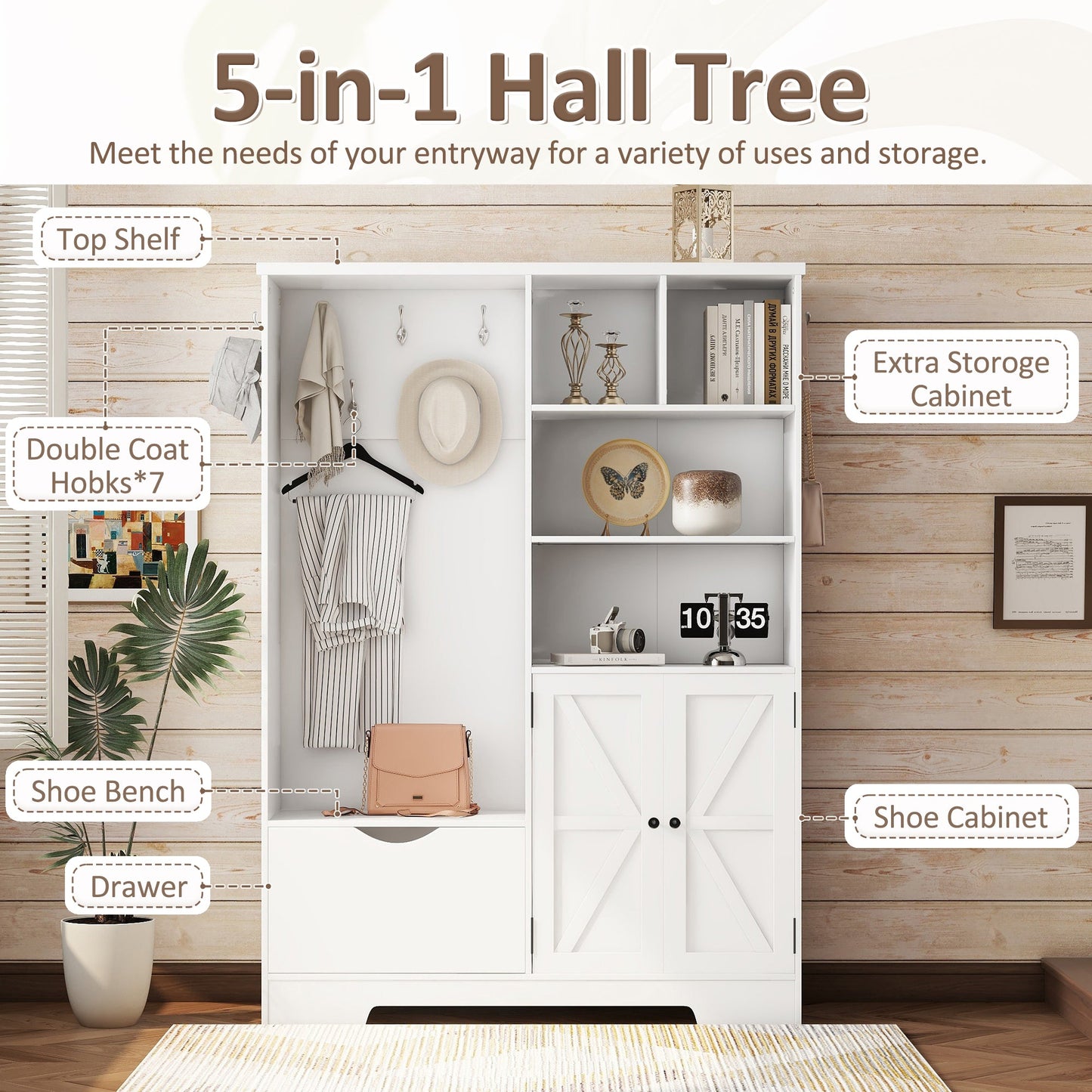 Multi-functional Hall Tree with Storage Shelves Drawers Cabinet Elegant Hallway Shoe Cabinet with Bench Modern Coat Rack White - Korvel