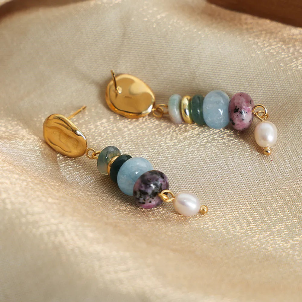 Natural Stone Freshwater Pearl Dangle Earrings - Korvel