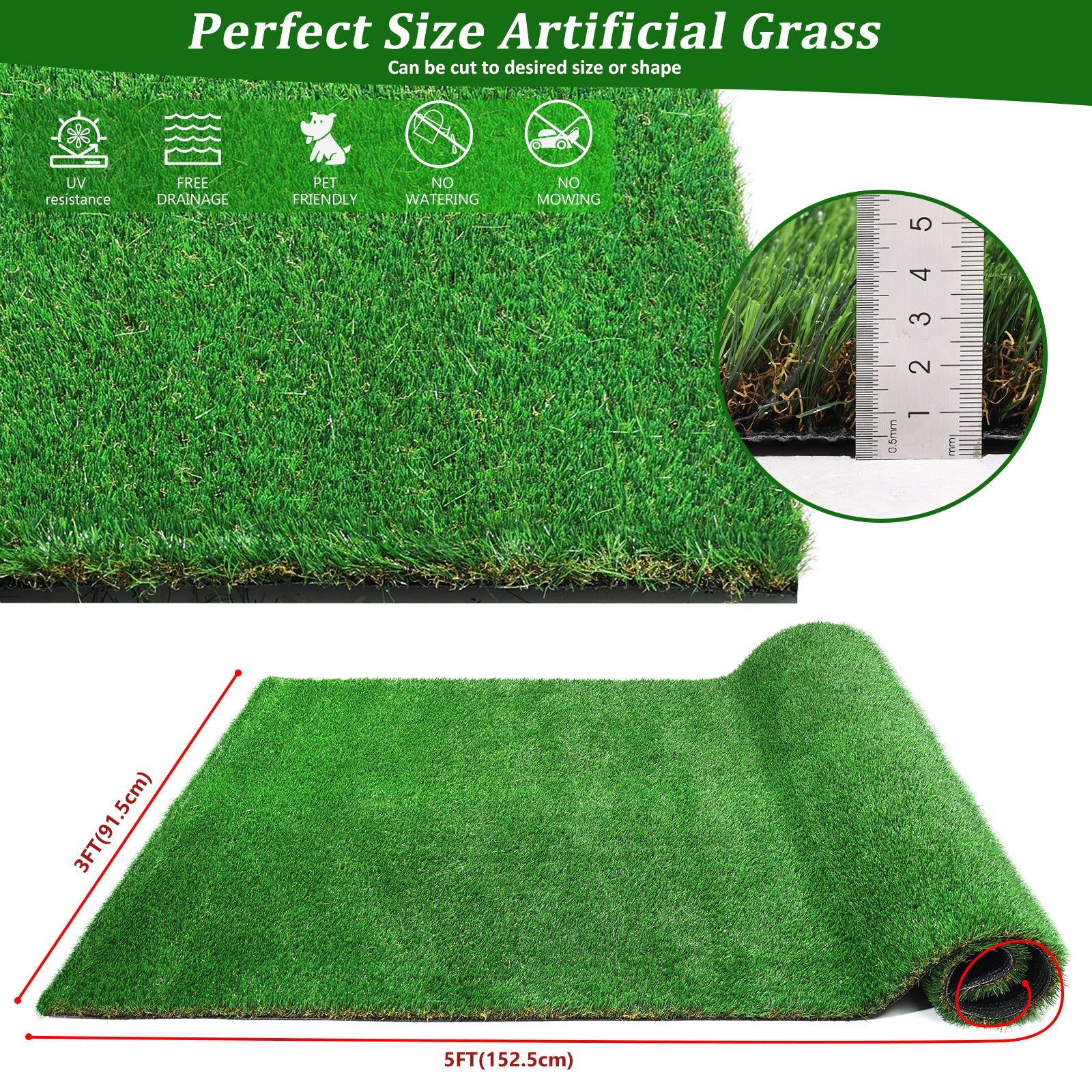3FTX5FT Outdoor Artificial Grass Runway Blanket, Thick and Realistic Fake Grass Roll Decoration 1.38 "Pile Height - Korvel