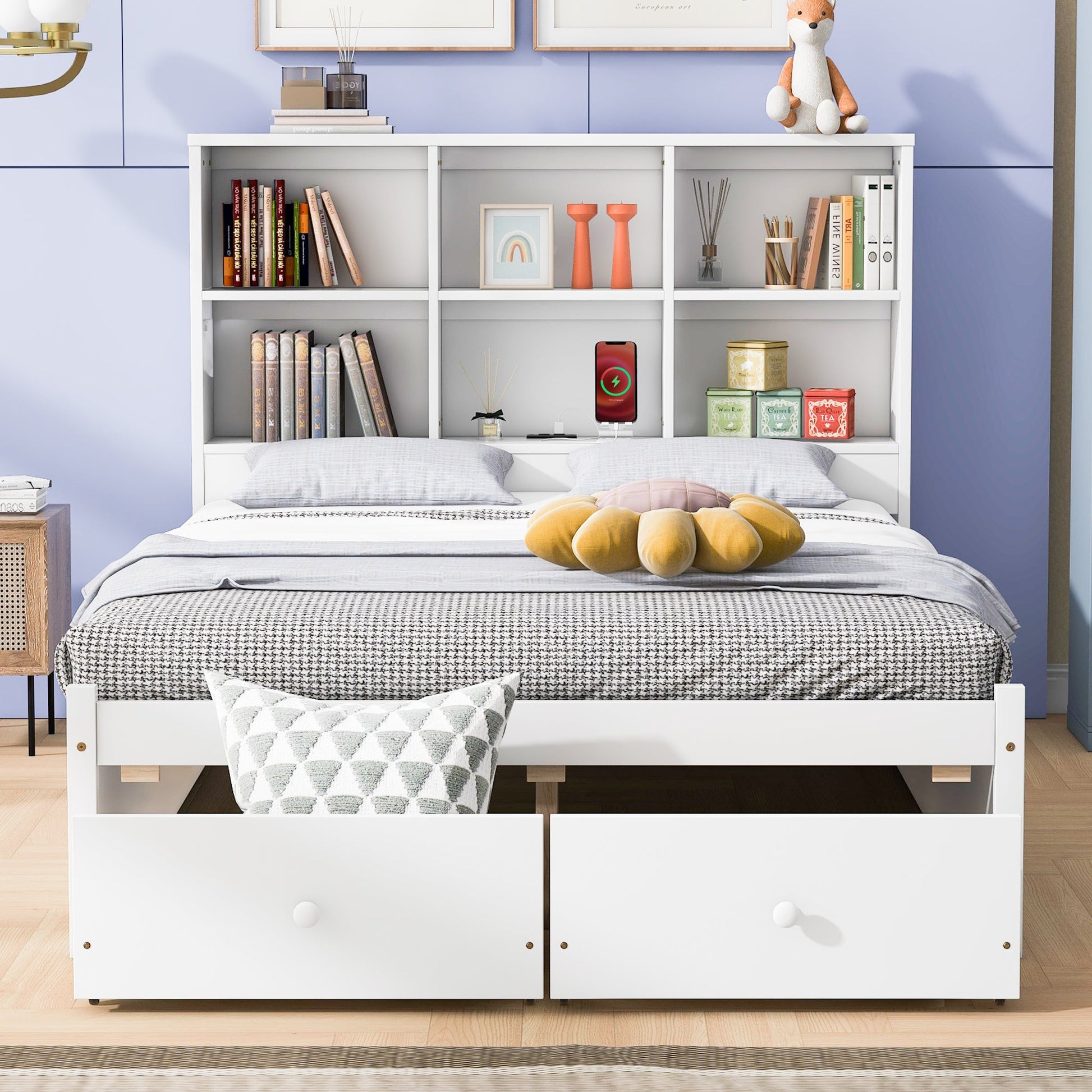 Full Size Platform Bed with Storage Headboard, Charging Station and 2 Drawers White - Korvel